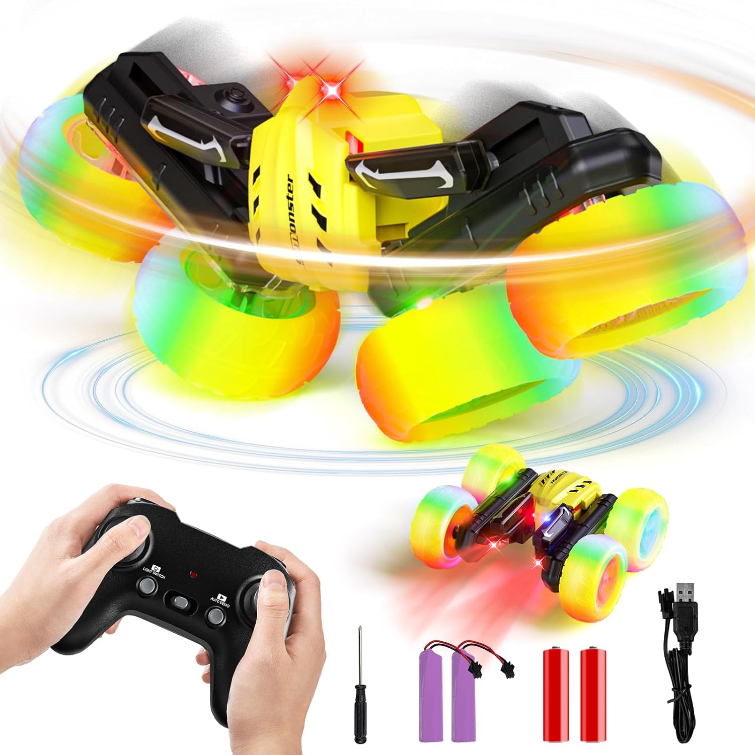 28°C RC Cars Stunt Cars, Remote Control Car for Boys Girls, Drift High Speed RC Cars, 360° Flips Double-Side RC Monster Truck with Headlight Wheel Light, Toys Gift for Kids on Christmas (Green)