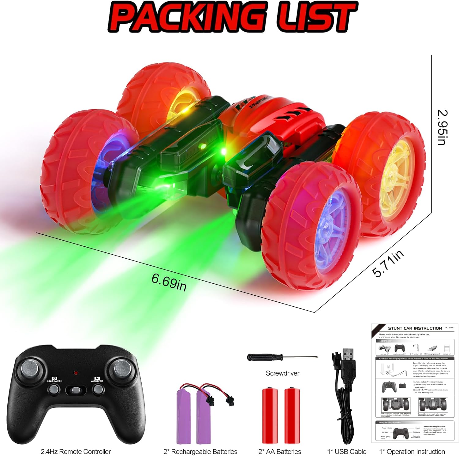 28°C RC Cars Stunt Cars, Remote Control Car for Boys Girls, Drift High Speed RC Cars, 360° Flips Double-Side RC Monster Truck with Headlight Wheel Light, Toys Gift for Kids on Christmas (Green)