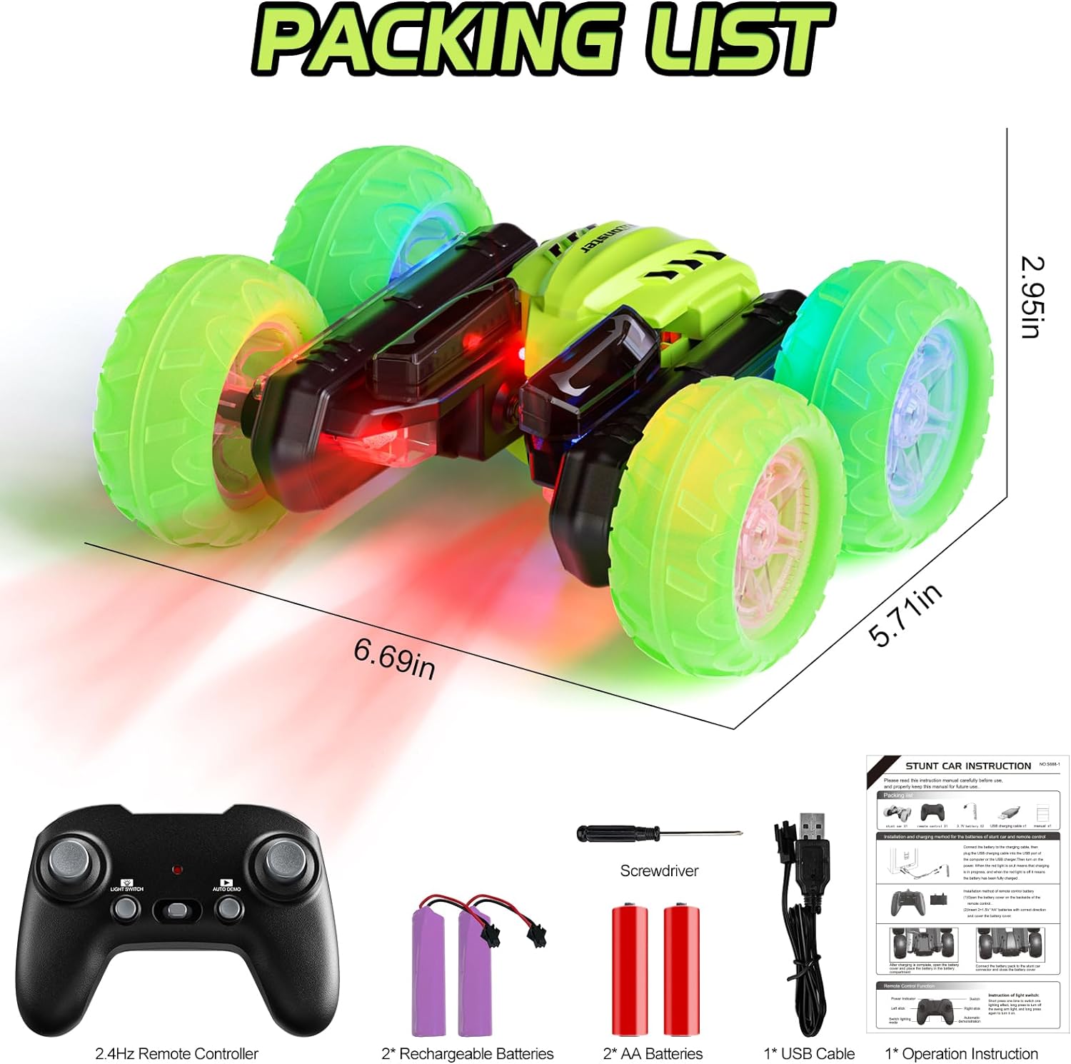 28°C RC Cars Stunt Cars, Remote Control Car for Boys Girls, Drift High Speed RC Cars, 360° Flips Double-Side RC Monster Truck with Headlight Wheel Light, Toys Gift for Kids on Christmas (Green)