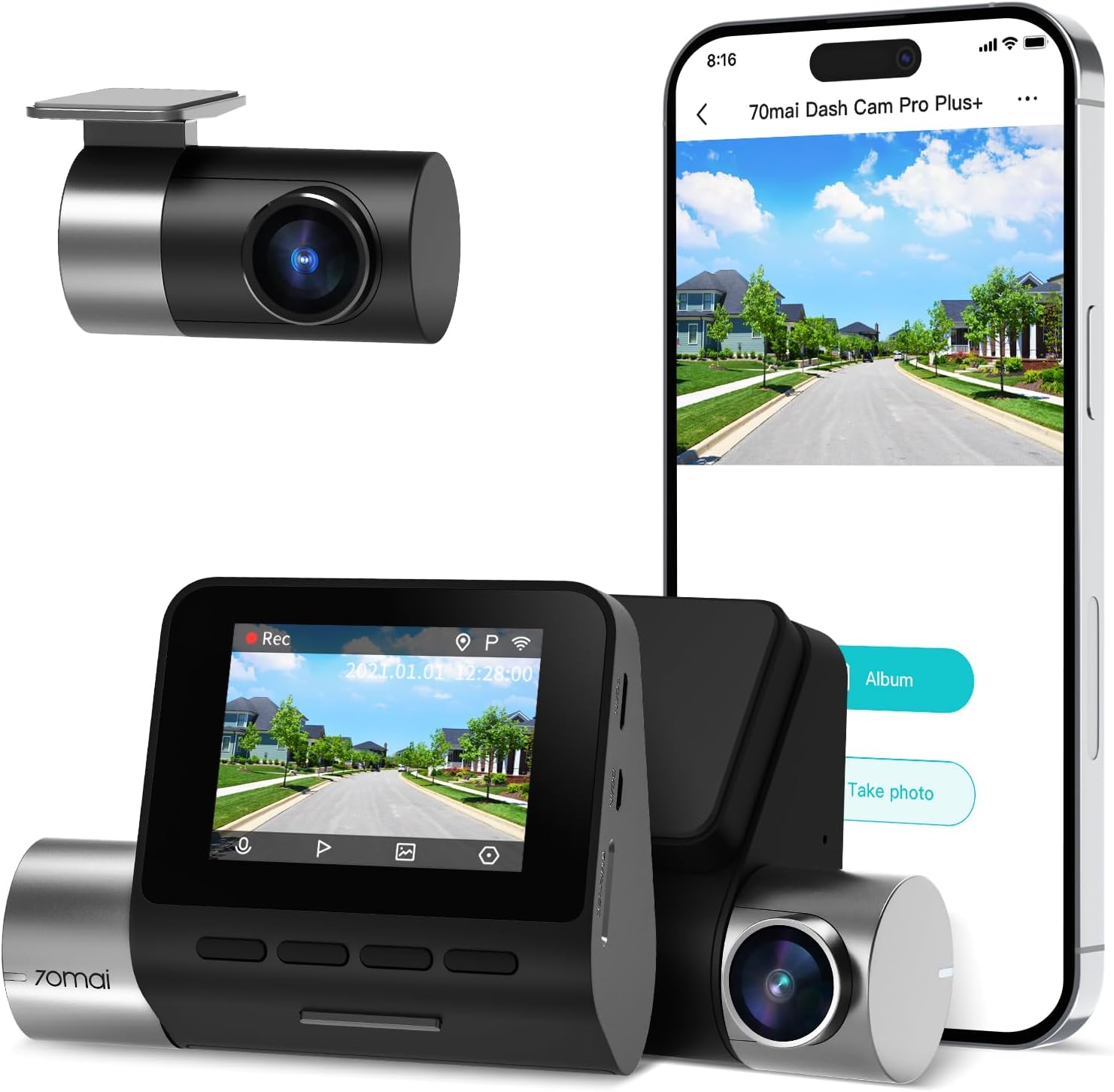 70mai True 2.7K 1944P Ultra Full HD Dash Cam A500S, Front and Rear, Built-in WiFi GPS Smart Dash Camera for Cars, ADAS, Sony IMX335, 2 IPS LCD Screen, WDR, Night Vision