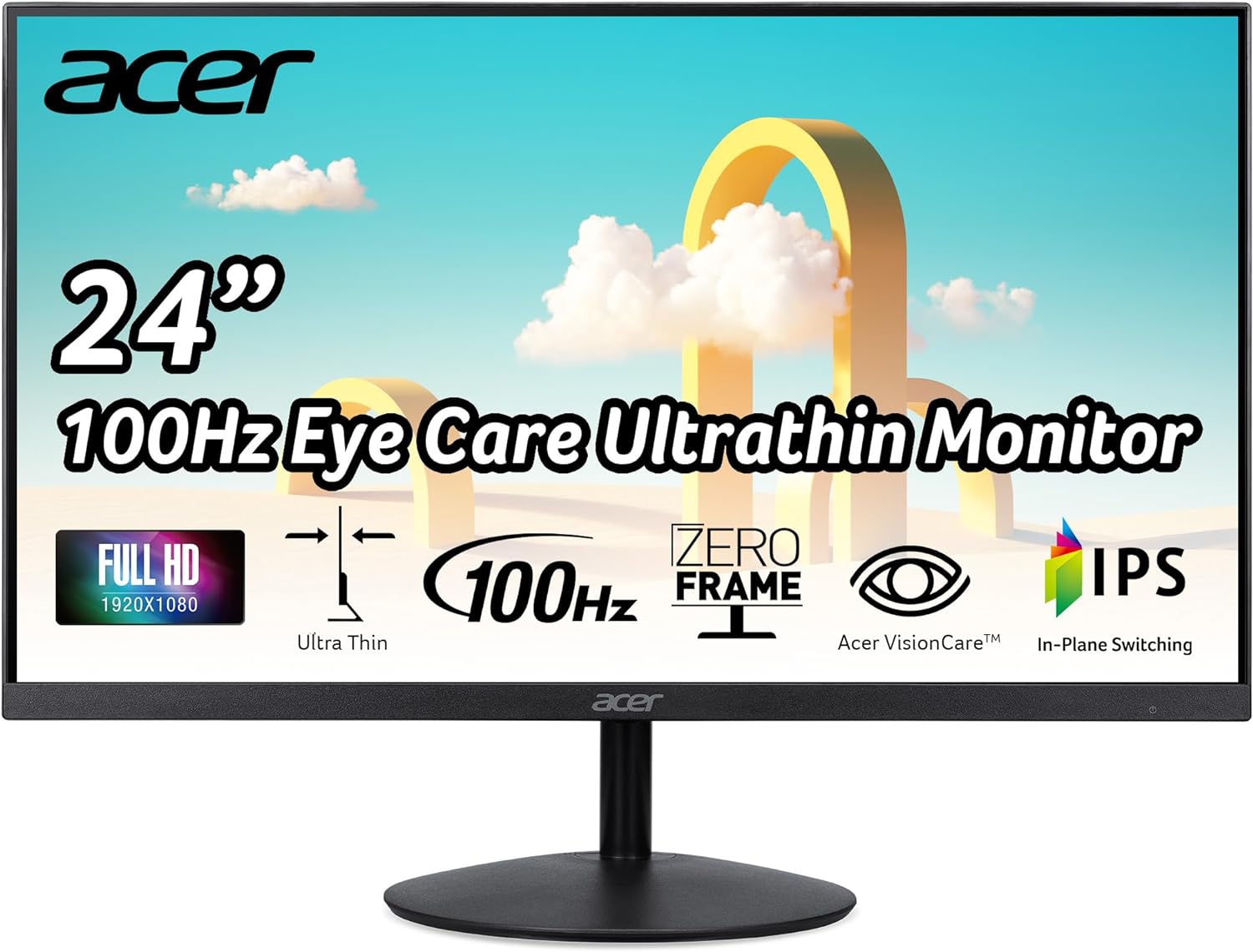 Acer SB242Y EBI 23.8 Full HD (1920 x 1080) IPS Zero-Frame Gaming Office Monitor | AMD FreeSync Technology Ultra-Thin Stylish Design 100Hz 1ms (VRB) Low Blue Light Tilt HDMI  VGA Ports