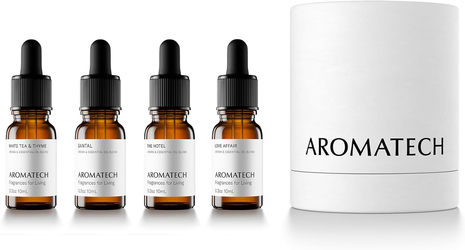 AromaTech The Bestsellers Set | Stocking Stuffers Gift Set of Aroma Diffuser Essential Oils Blend of Santal, The Hotel, White Tea  Thyme, and Love Affair - 10 mL (4 Pack)