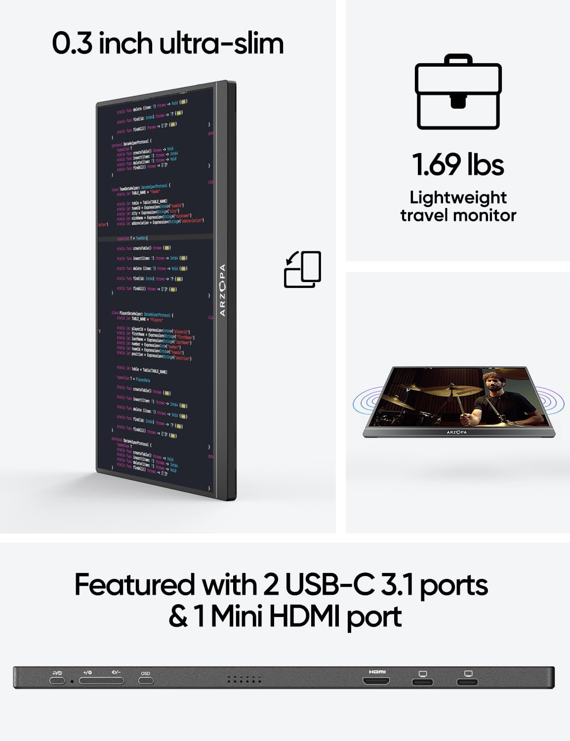 ARZOPA Portable Monitor, 16.1 FHD 1080P Portable Laptop Monitor 100% sRGB High Color Gamut Display IPS Eye Care Screen for High-end Office  Entertainment -A1C