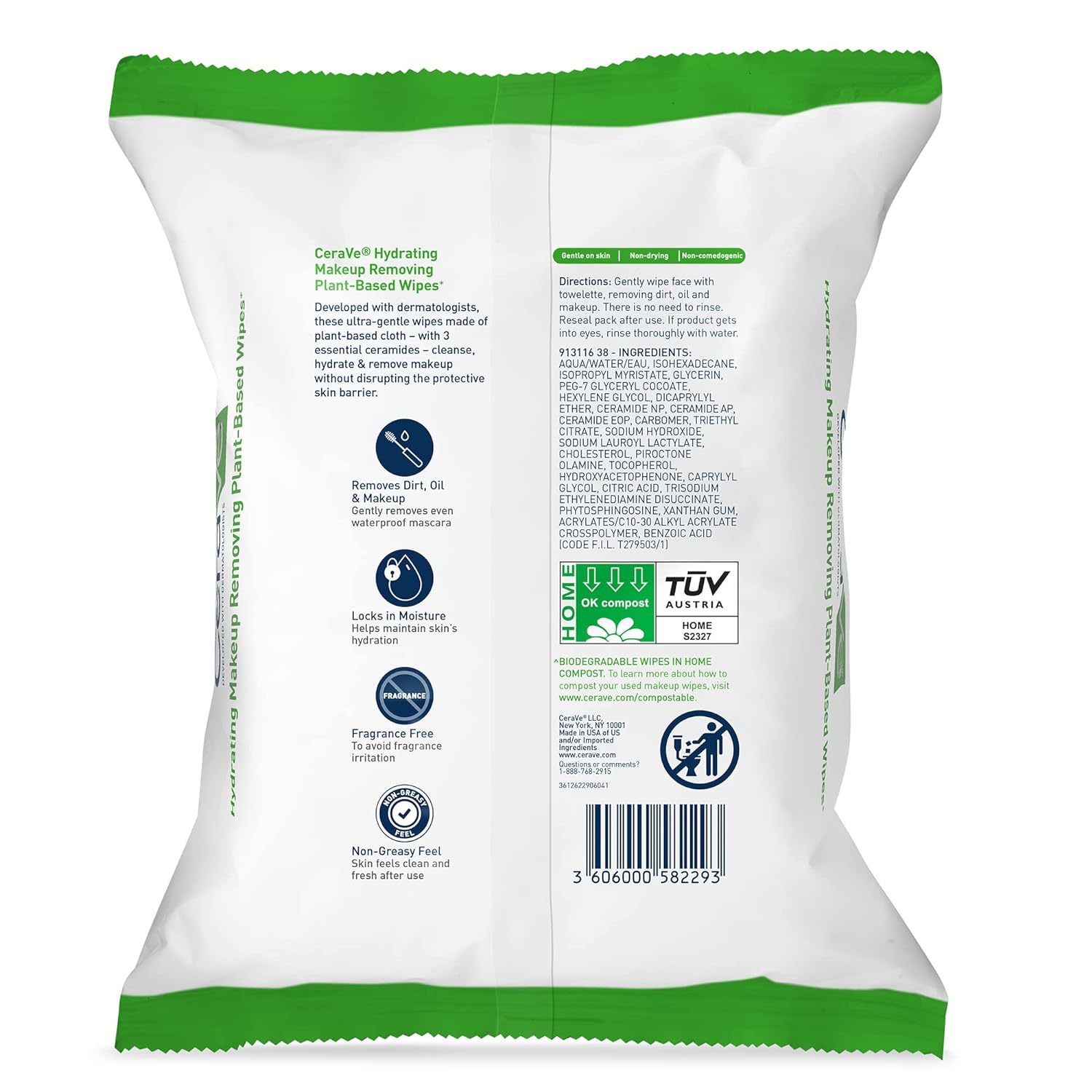 CeraVe Hydrating Facial Cleansing Makeup Remover Wipes| Plant Based Face Biodegradable in Home Compost| Wash Cloth| Suitable for Sensitive Skin| Fragrance-free Non-comedogenic| 25 Count