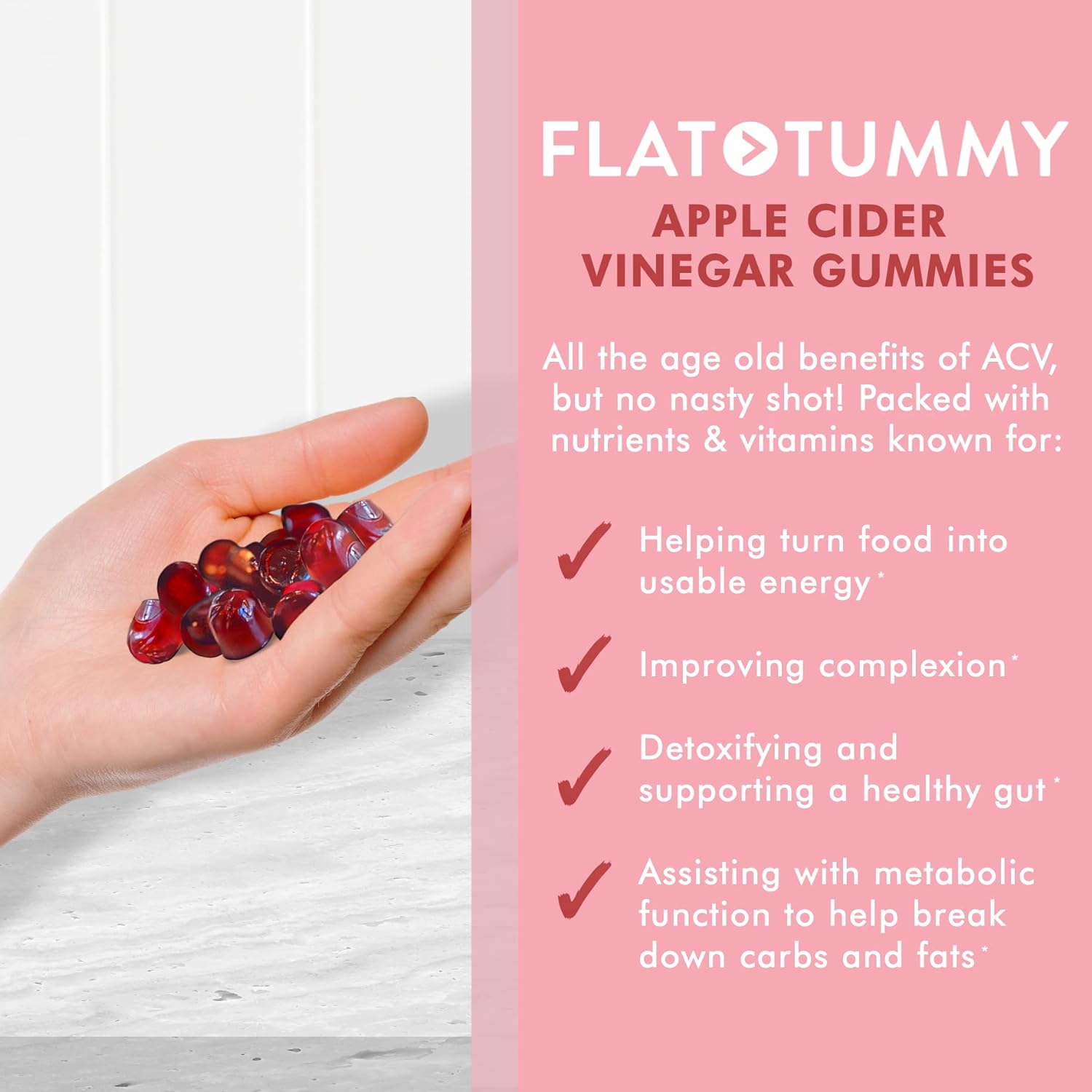 Flat Tummy Tea Apple Cider Vinegar Gummies, 60 Count – Boost Energy, Detox, Support Gut Health  Healthy Metabolism – Vegan, Non-GMO - Made with Apples, Beetroot, Vitamins B6  B12, Superfoods