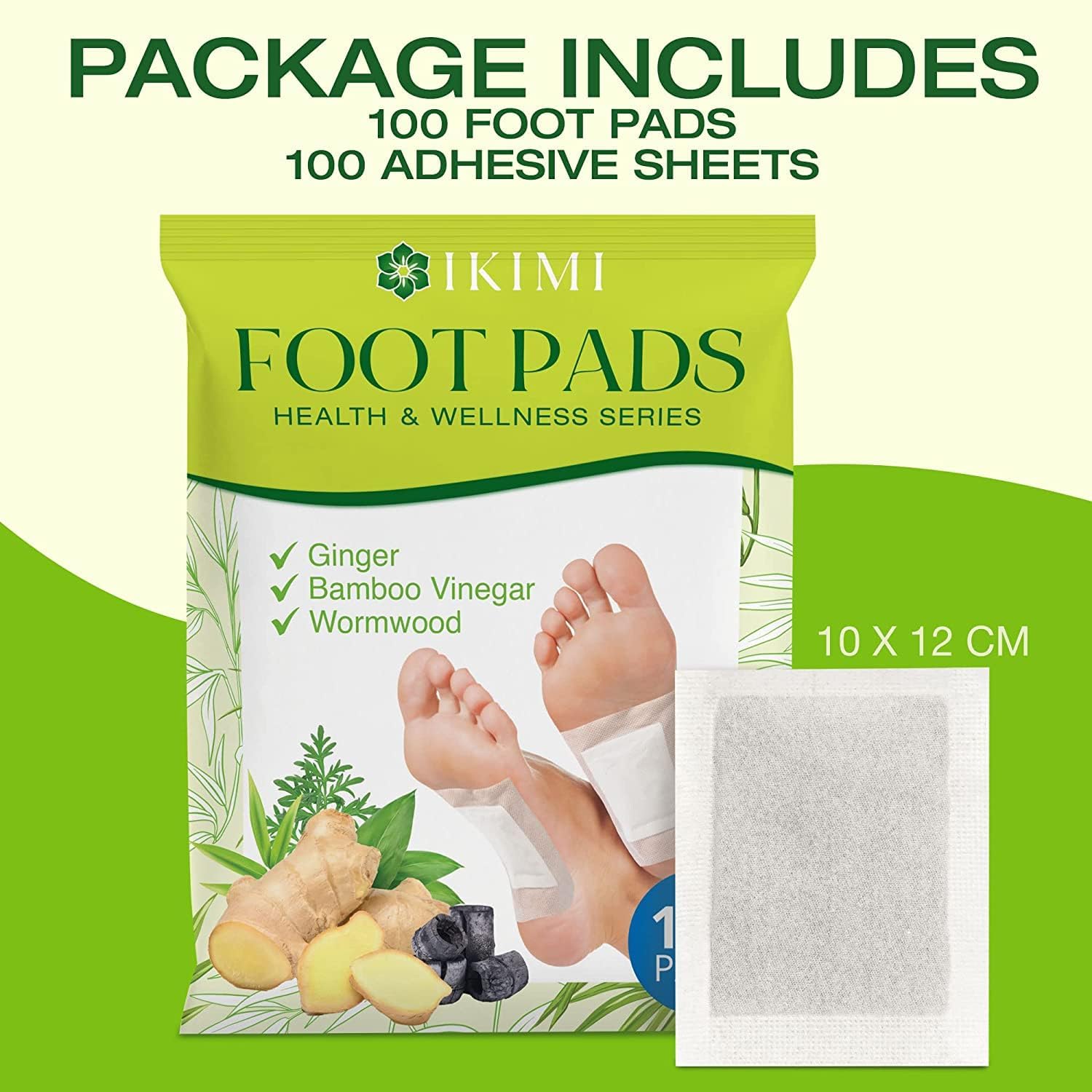 IKIMI 100 Pads Foot Pads, Ginger Foot Pads for Stress Relief, Better Sleep, Foot Care Patch, Foot Patches, Natural Bamboo Vinegar Ginger Wormwood Powder Foot Pads
