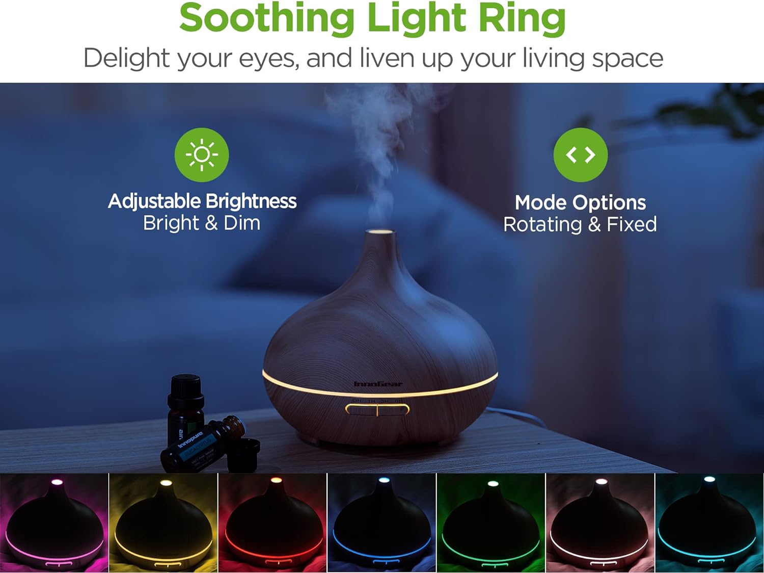 InnoGear Aromatherapy Diffuser  10 Essential Oils Set, 400ml Diffuser Ultrasonic Diffuser Cool Mist Humidifier with 4 Timers 7 Colors Light Waterless Auto Off for Large Room Office, Dark Wood Grain