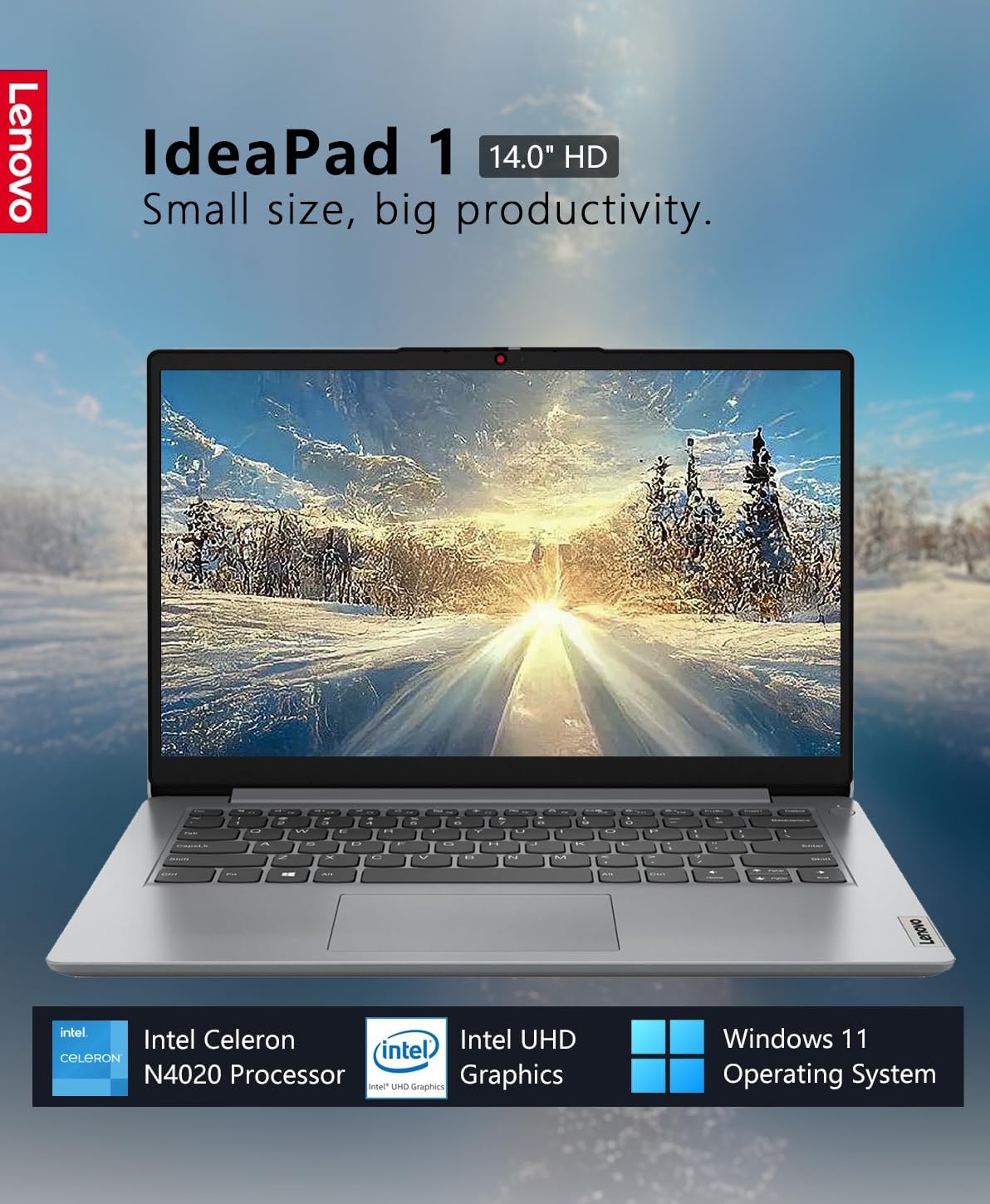 Lenovo IdeaPad 1 14 Laptop, 14.0 HD Display, Intel Celeron N4020, 4GB RAM, 64GB Storage, Intel UHD Graphics 600, Win 11 in S Mode, Cloud Grey