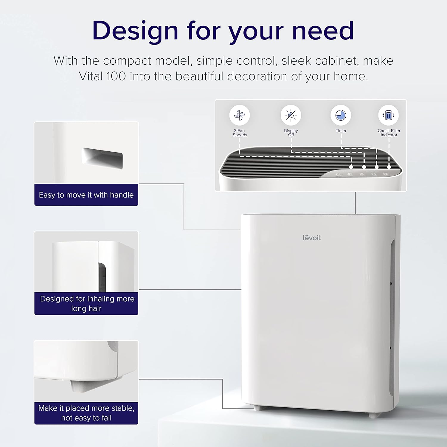 LEVOIT Air Purifiers for Home, HEPA Filter Cleaner with Washable Filter for Allergies, Smoke, Dust, Quiet Odor Eliminators for Bedroom, Pet Hair Remover, Vital 100 Plus (With Extra Filter), White