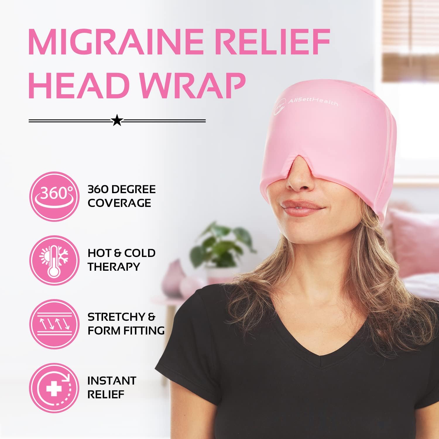 Migraine Relief Cap Ice Head Wrap Headache and Migraine Hat | Headache Relief with Hot/Cold Gel Head Ice Pack with Face and Eye Headache Mask Compress Black