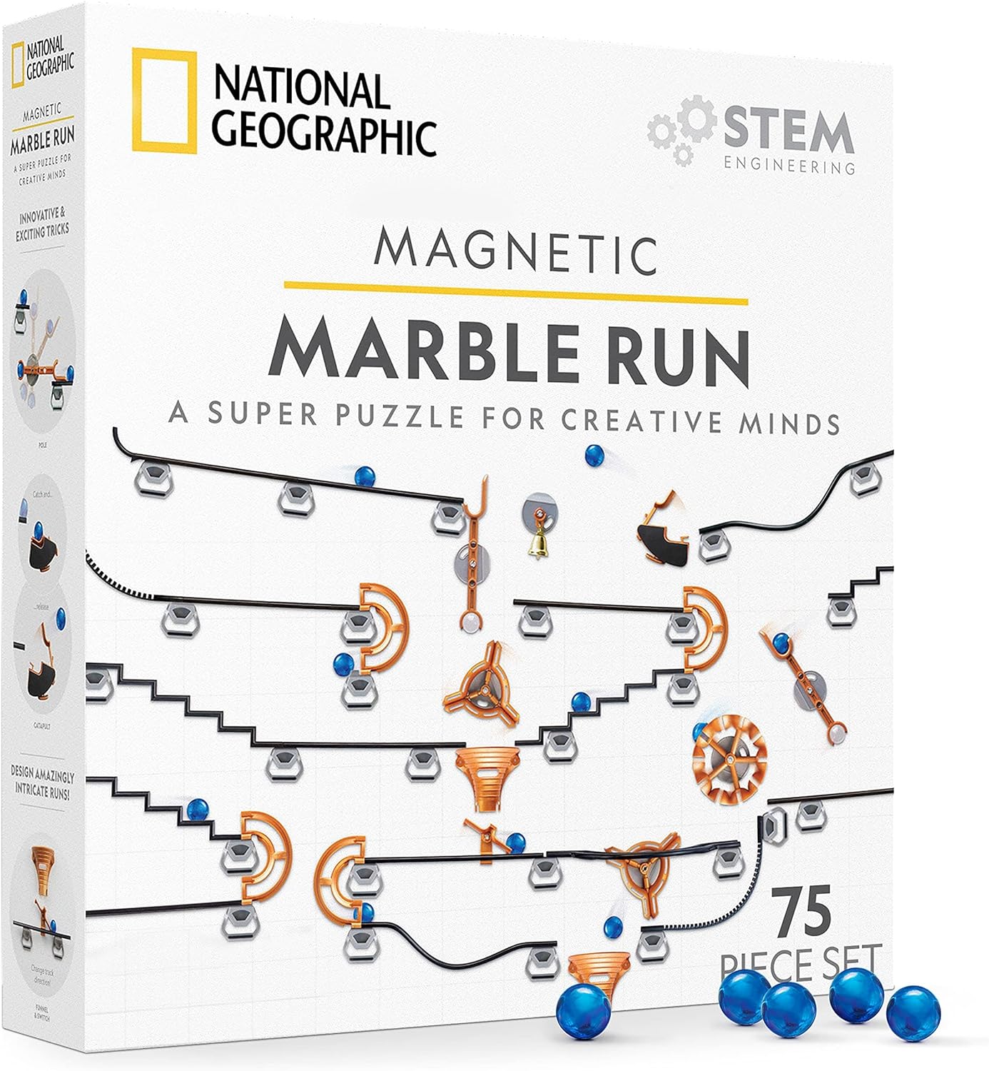 NATIONAL GEOGRAPHIC Magnetic Marble Run - 75-Piece STEM Building Set for Kids  Adults with Magnetic Track  Trick Pieces  Marbles for Building A Marble Maze, STEM Project (Amazon Exclusive)