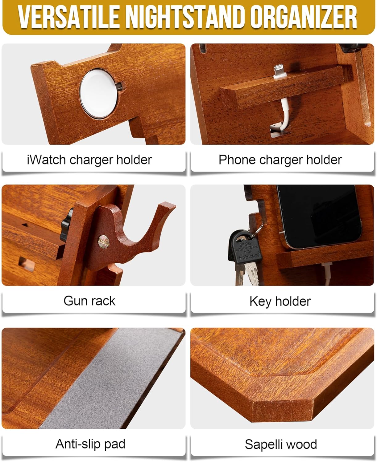 OneTigris Wood Gun Rack Phone Docking Station, Nightstand Bedside Organizer Earphone Watch Stand Key Holder Wallet Tray with Gun Rack, Xmas Gifts for Men Husband Dad Boyfriend