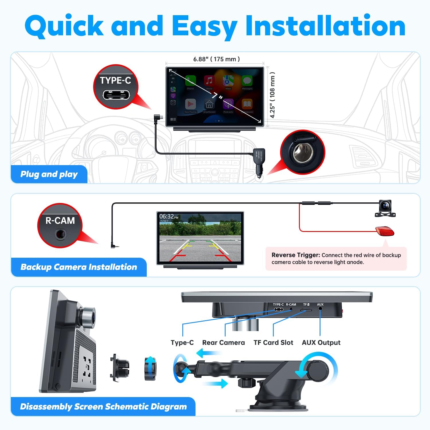 [Upgrade] Westods Wireless Apple Carplay  Android Auto with 2.5K Dash Cam, 1080P Backup Camera, Portable 7 HD IPS Screen for Car, GPS Navigation, Bluetooth, AirPlay, MirrorCast, AUX/FM Transmitter