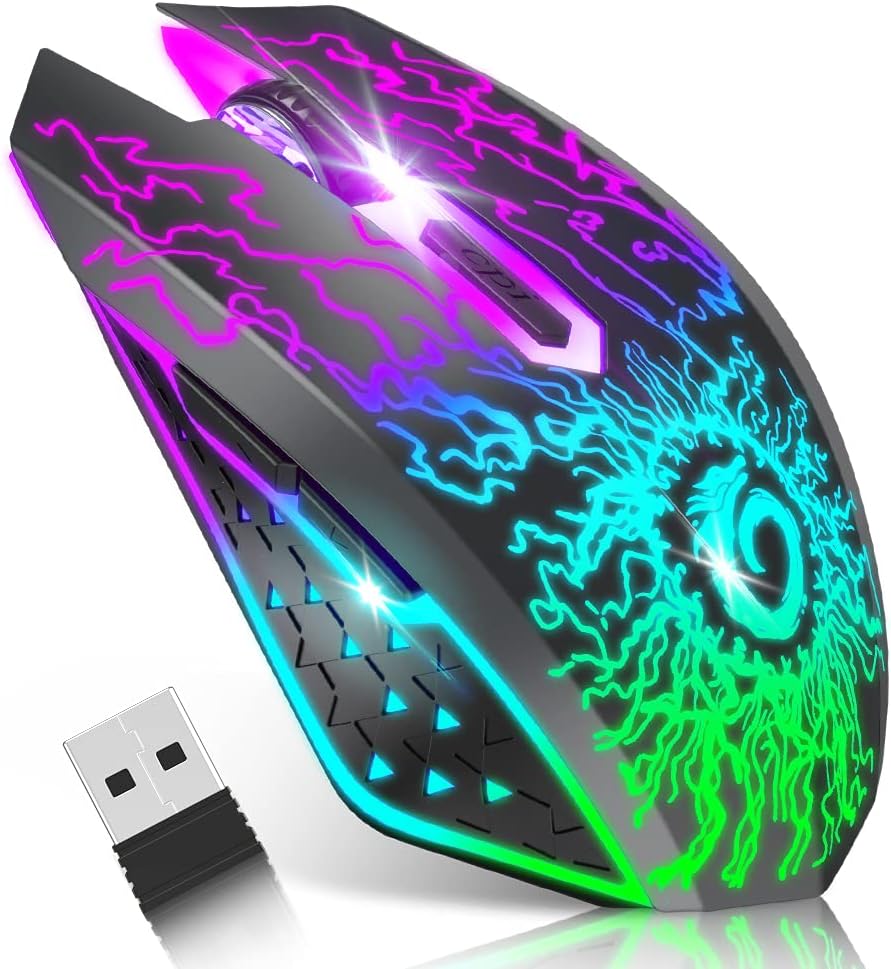 VersionTECH. Wireless Gaming Mouse, Rechargeable Computer Mouse Mice with 7 LED Lights, 6 Programmable Buttons, 2.4G USB Nano Receiver 3 Adjustable DPI for Laptop PC Gamer Desktop Chromebook Mac-Black