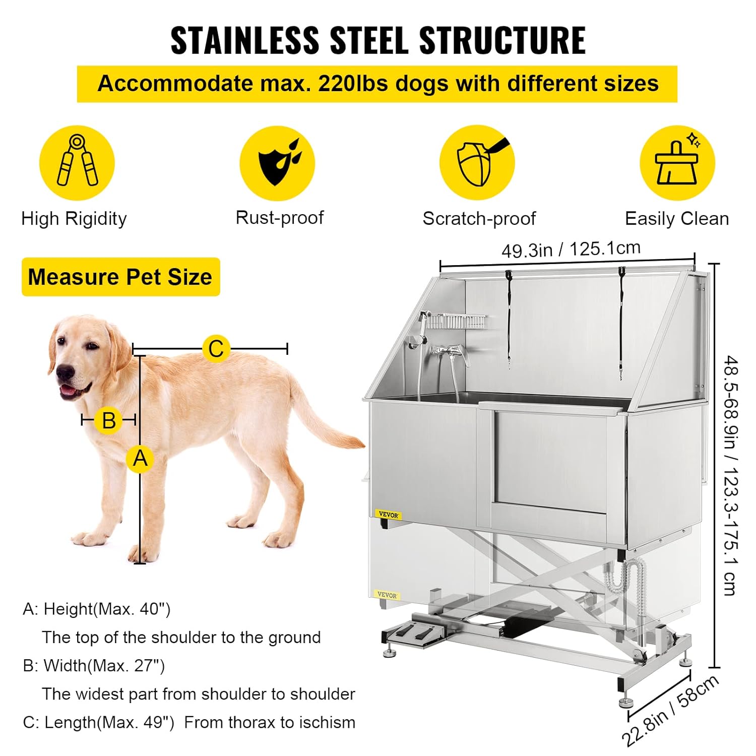 VEVOR 50 Electric Pet Dog Grooming Tub Stainless Steel X-Style Electric Lift Height Dog Bath Tub Pet Washing Station with High Pressure Sprayer and Plate Dog Wash Tub Right Door