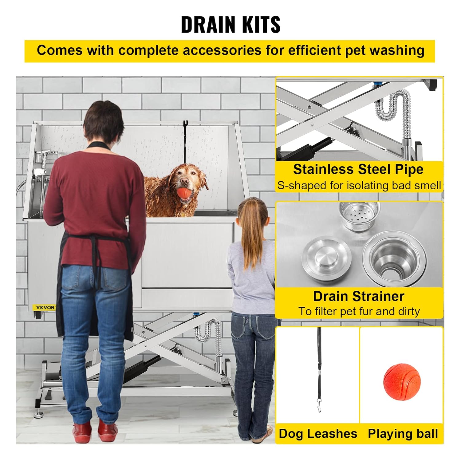 VEVOR 50 Electric Pet Dog Grooming Tub Stainless Steel X-Style Electric Lift Height Dog Bath Tub Pet Washing Station with High Pressure Sprayer and Plate Dog Wash Tub Right Door