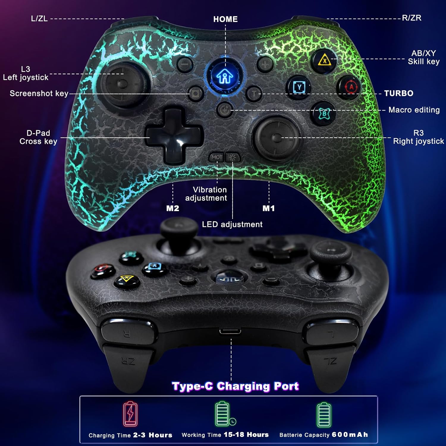Wireless Game Controller Cracked Gamepad for iOS Android PC NS Switch PS4 PS3 Steam Deck: Works with iPhone 15/14/13/X, iPad, Samsung, Call of Duty - Programmable/Turbo/LED Light, Direct Play, White