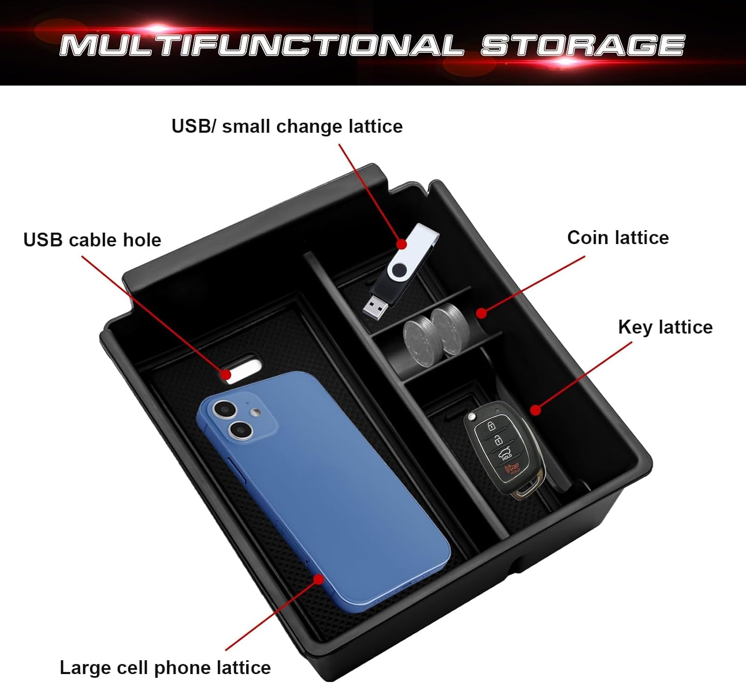 Xotic Tech Center Console Armrest Box Secondary Storage Coin Holder Tray Organizer w/Red Anti-Dust Mats, Compatible with Hyundai Tucson Limited, Hybrid  SEL Hybrid 2022-2023