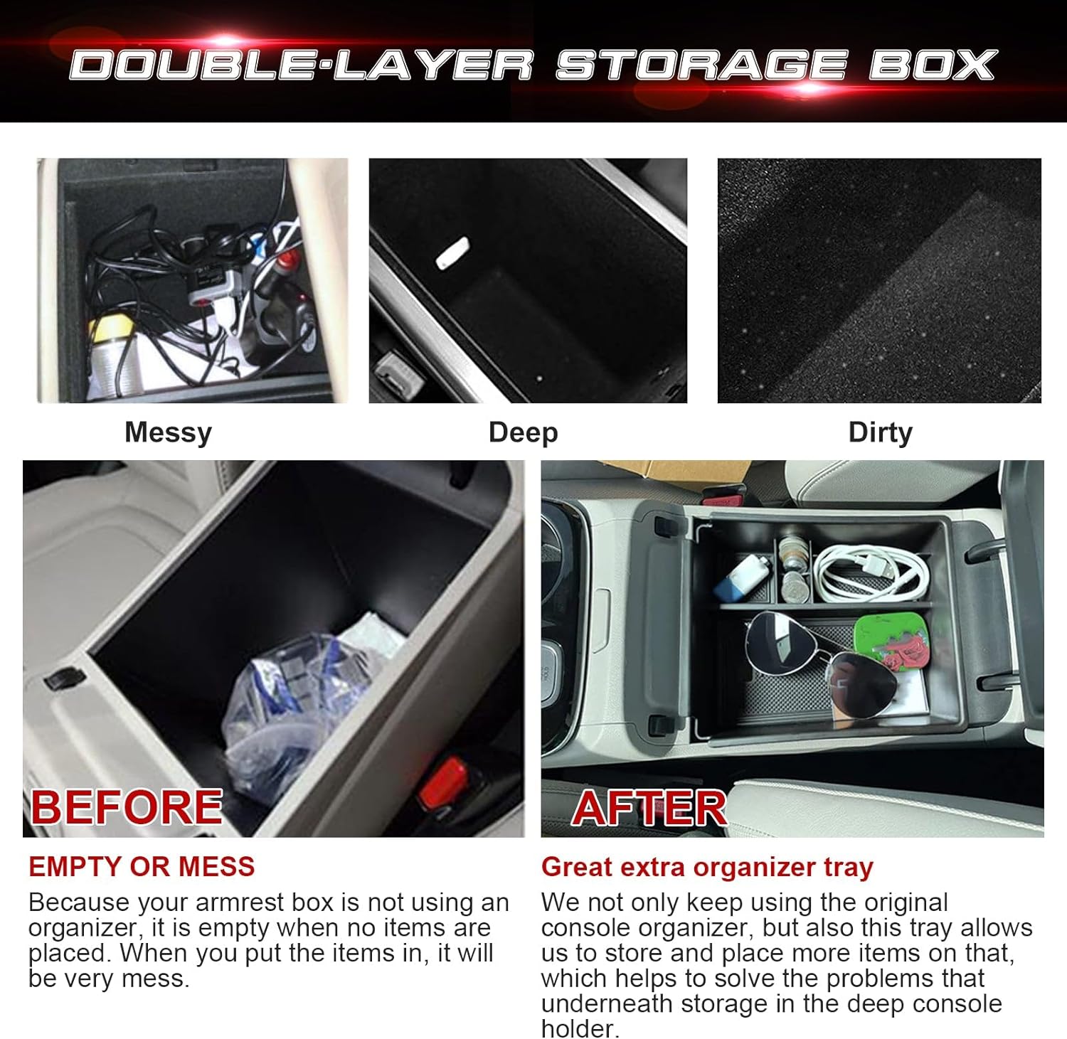 Xotic Tech Center Console Armrest Box Secondary Storage Coin Holder Tray Organizer w/Red Anti-Dust Mats, Compatible with Hyundai Tucson Limited, Hybrid  SEL Hybrid 2022-2023