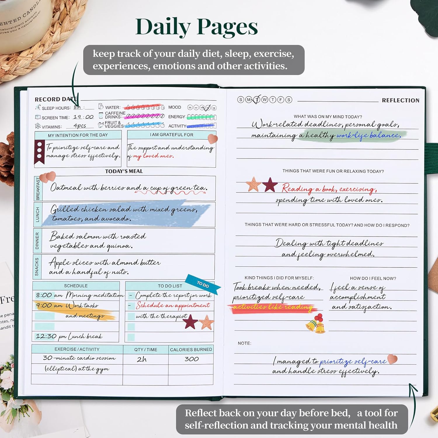 5 MINUTES A DAY Mental Health Journal, Anxiety  Guided Journal for Women, 91 Days Self Care Journal to Practice Positive Thinking, ADHD Planner with Mood Tracker (A5 Size)-Dark Green