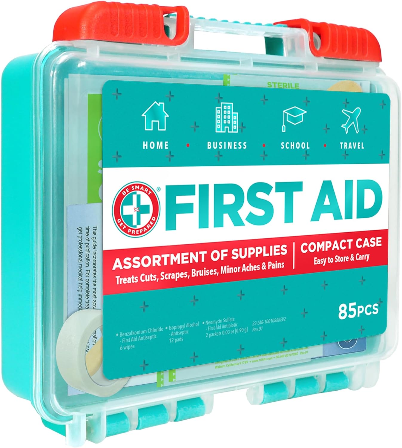Be Smart Get Prepared 85 Piece First Aid Kit: Clean, Treat, Protect Minor Cuts, Scrapes. Home, Office, Car, School, Business, Travel, Emergency, Survival, Hunting, Outdoor, Camping  Sports, FSA HSA