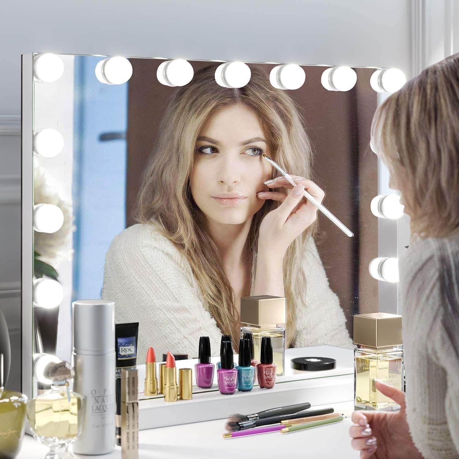 BENDIC 22.8x 18.1 Vanity Mirror Makeup Mirror with Lights,10X Large Hollywood Lighted Vanity Mirror with 15 Dimmable LED Bulbs,3 Color Modes,Touch Control for Bedroom,Tabletop or Wall-Mounted