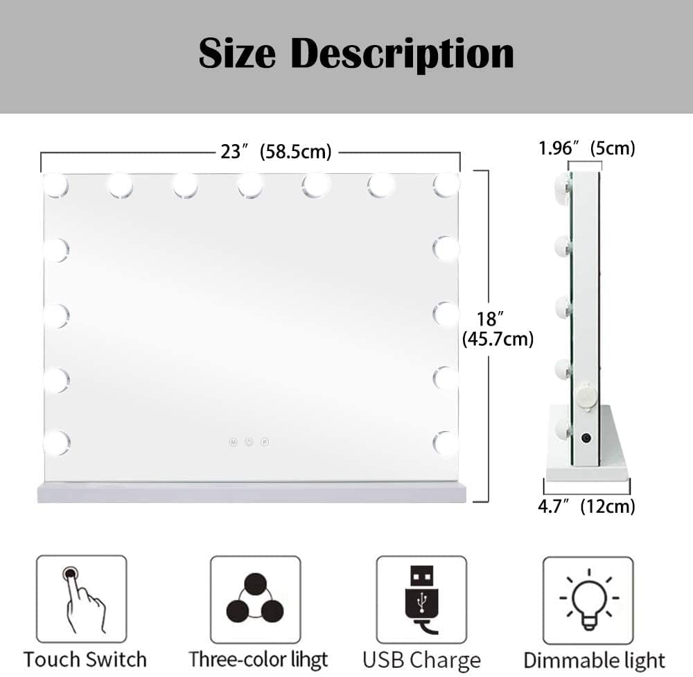 BENDIC 22.8x 18.1 Vanity Mirror Makeup Mirror with Lights,10X Large Hollywood Lighted Vanity Mirror with 15 Dimmable LED Bulbs,3 Color Modes,Touch Control for Bedroom,Tabletop or Wall-Mounted