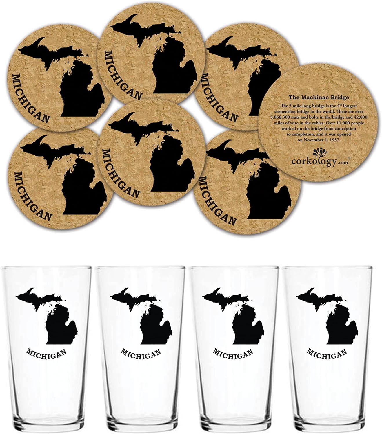 Corkology.com Michigan Pint Pack with Matching Coaster Set, Clear, 4 Count (Pack of 1)