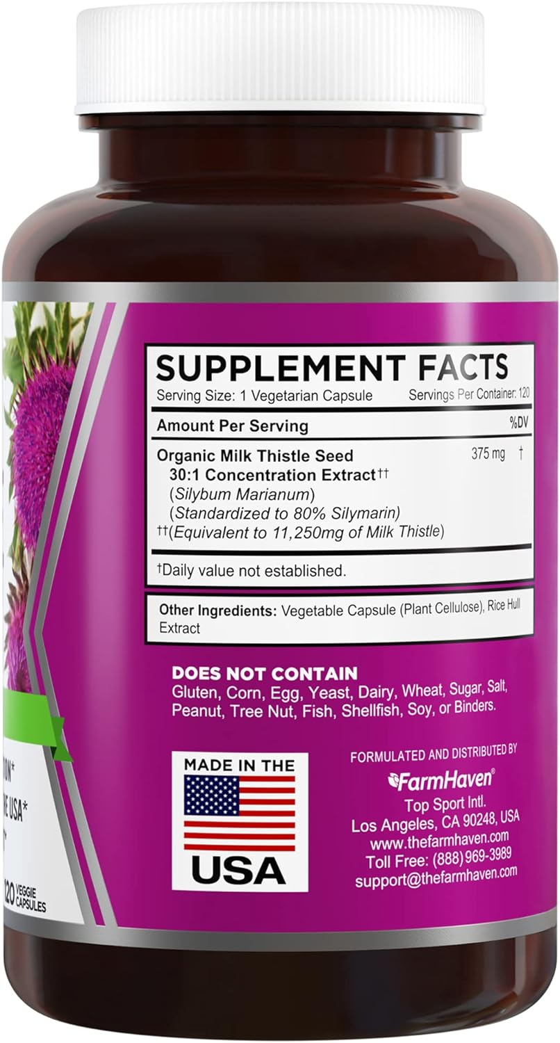 FarmHaven Milk Thistle Capsules | 11250mg Strength | 30X Concentrated Seed Extract  80% Silymarin Standardized - Supports Liver Function and Overall Health | Non-GMO | 120 Veggie Capsules