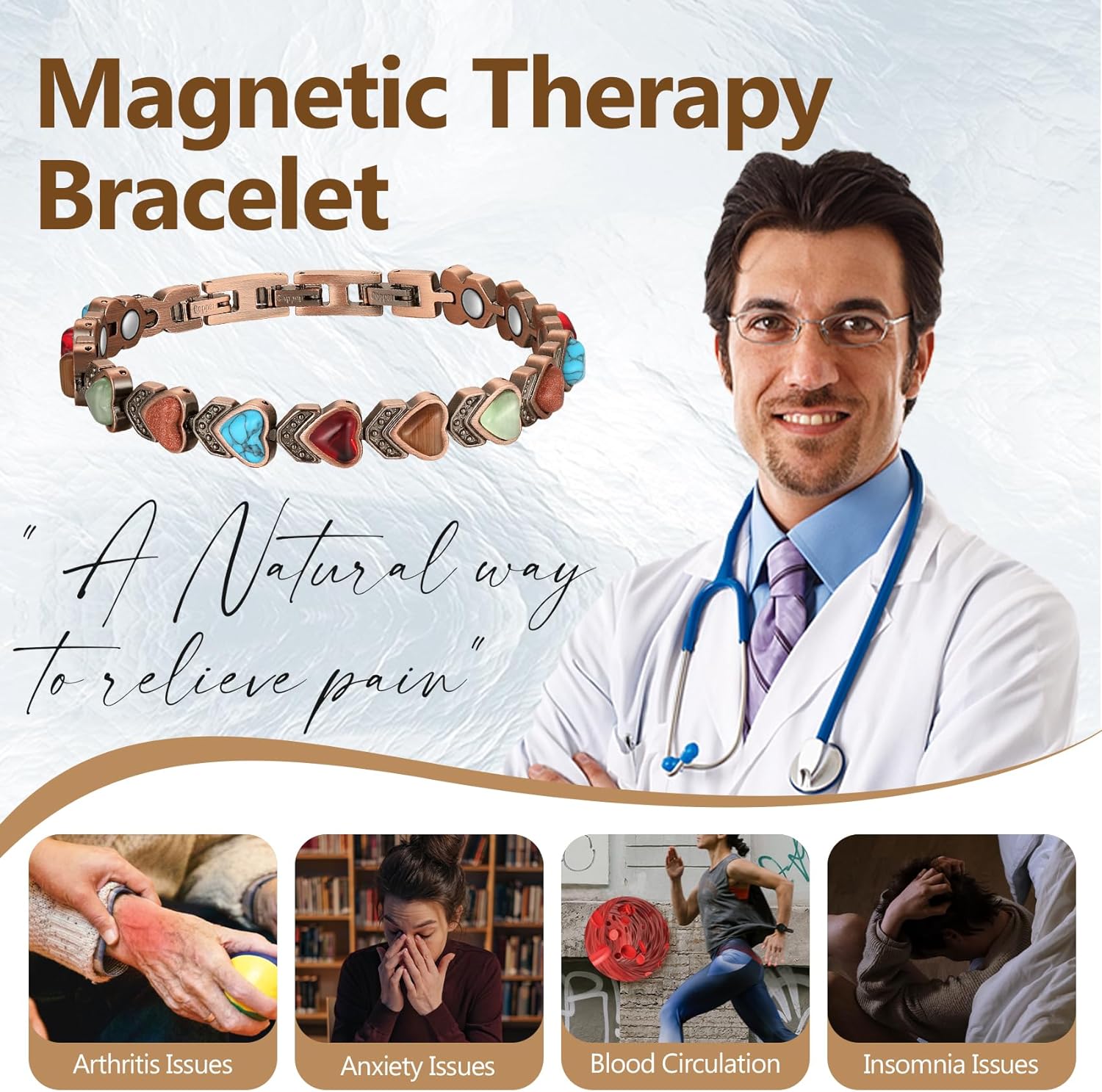 Feraco Copper Bracelet for Women for Arthritis and Joint,Pure Copper Lymph Detox Magnetic Therapy Bracelets for Carpal Tunnel and Relief Pain,Natural Unique Healing Gemstone,Gifts for Women