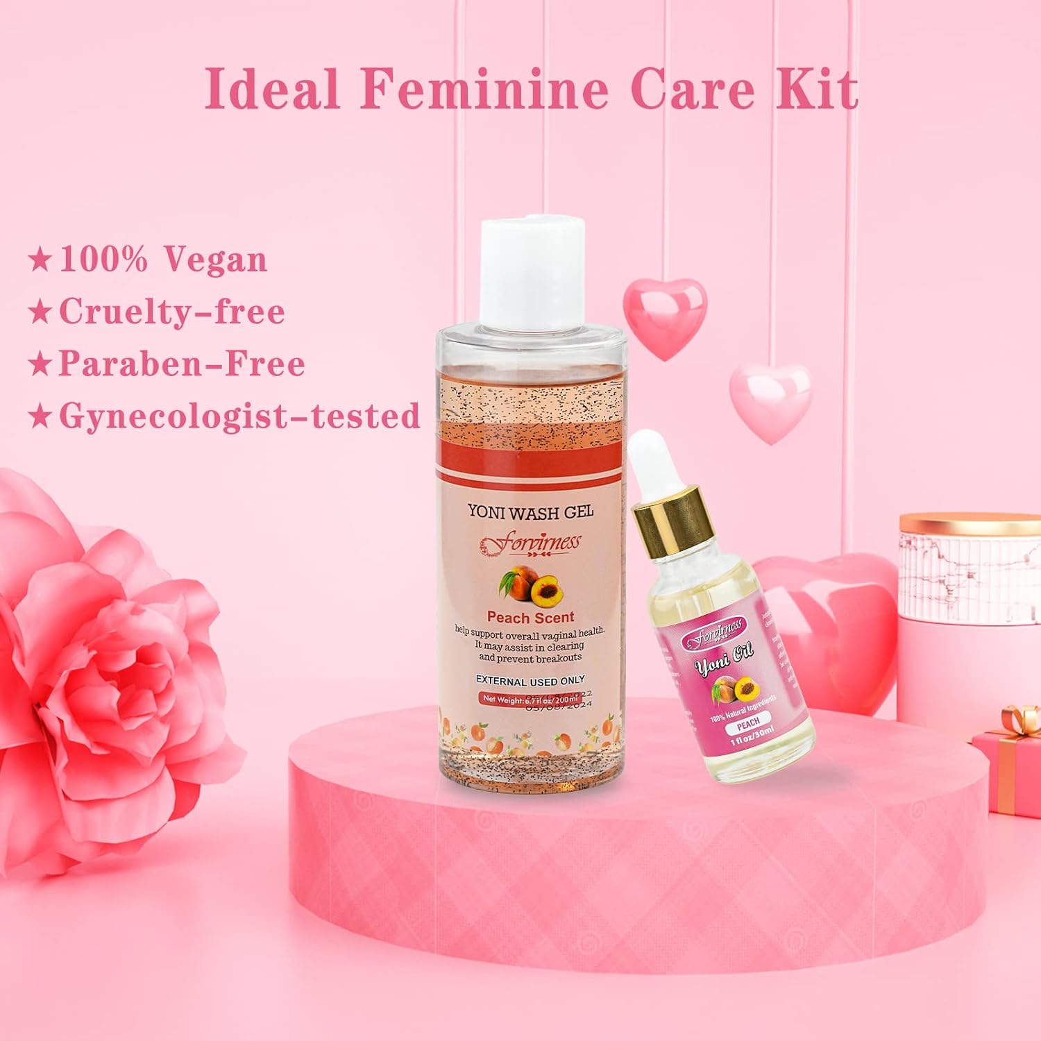 forvirness Feminine Wash  Natural Yoni Oil Set - Cleanse, Remove Odor, pH Balance for Women, Tested Yoni Wash, 1 fl.oz Peach Feminine Oil  6.7 fl.oz Vaginal Intimate Wash with Cleaning Factor