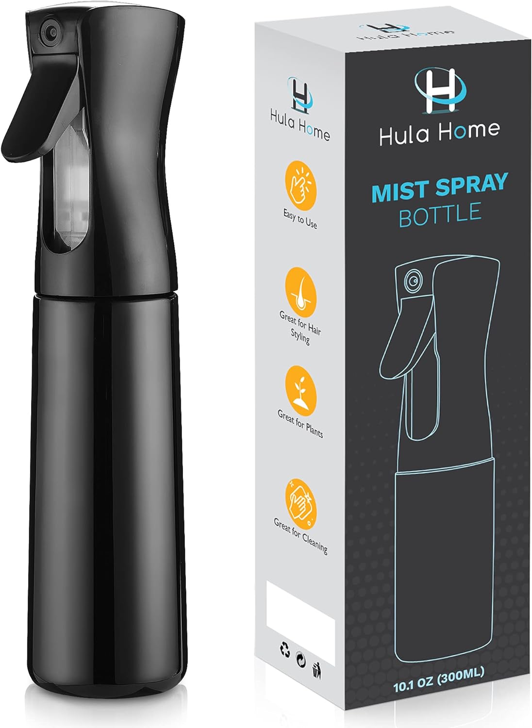 Hula Home Continuous Spray Bottle for Hair (10.1oz/300ml) Mist Empty Ultra Fine Plastic Water Sprayer – For Hairstyling, Cleaning, Salons, Plants, Essential Oil Scents  More - Black