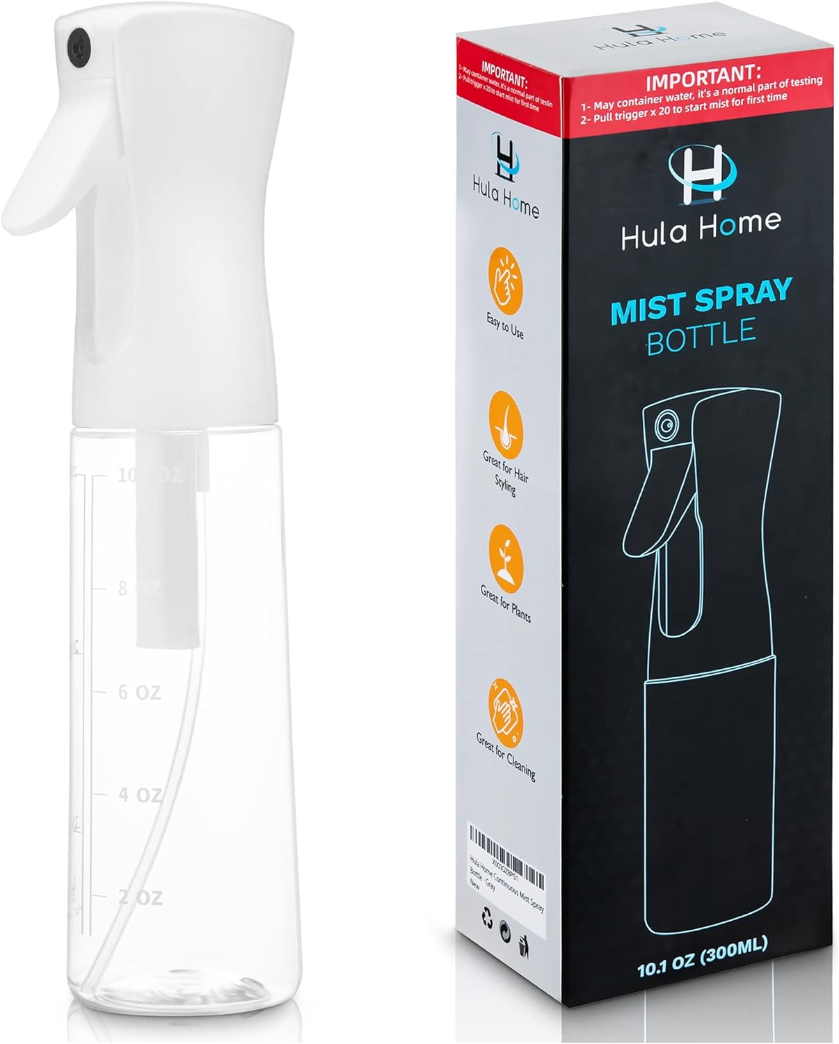 Hula Home Continuous Spray Bottle for Hair (10.1oz/300ml) Mist Empty Ultra Fine Plastic Water Sprayer – For Hairstyling, Cleaning, Salons, Plants, Essential Oil Scents  More - Black