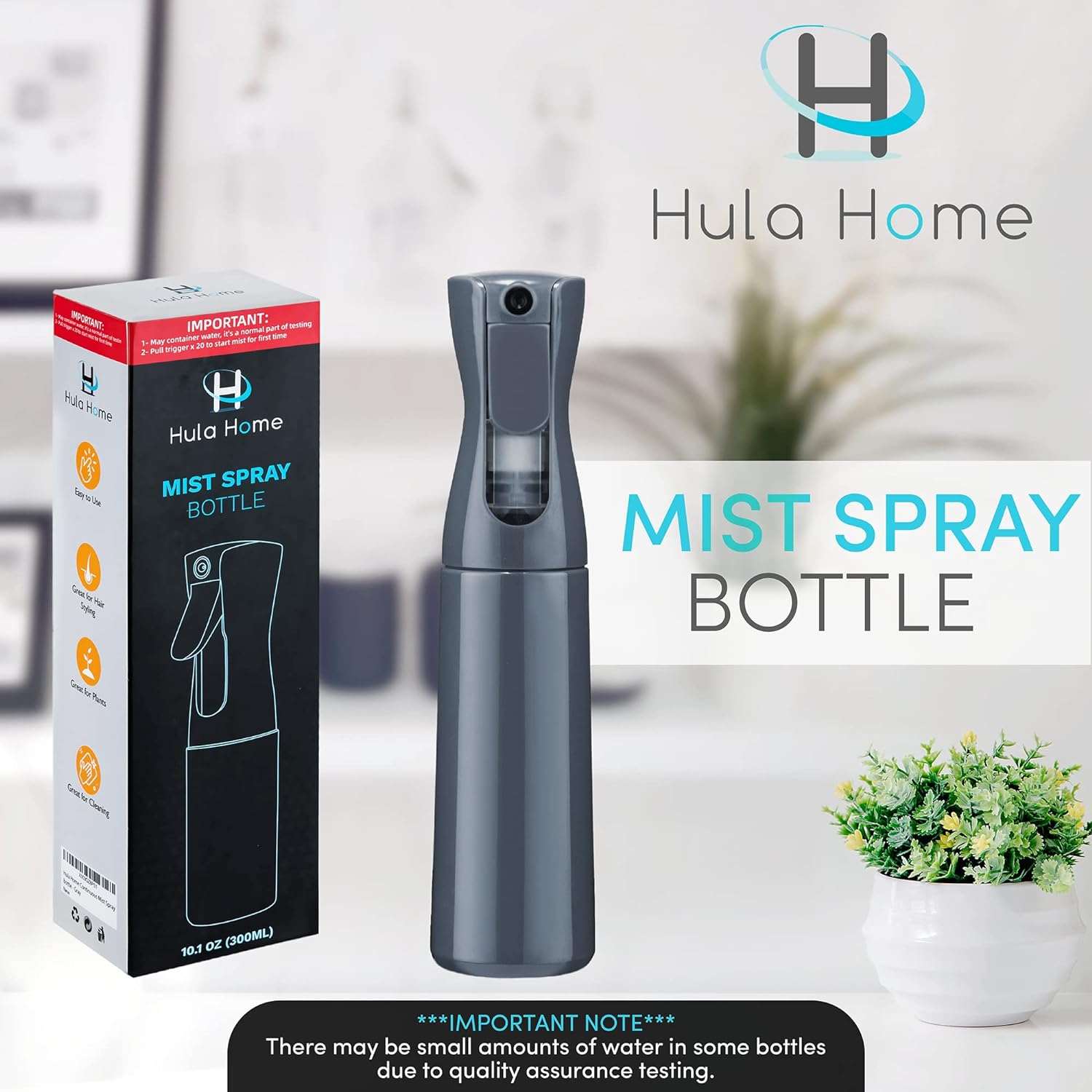 Hula Home Continuous Spray Bottle for Hair (10.1oz/300ml) Mist Empty Ultra Fine Plastic Water Sprayer – For Hairstyling, Cleaning, Salons, Plants, Essential Oil Scents  More - Black