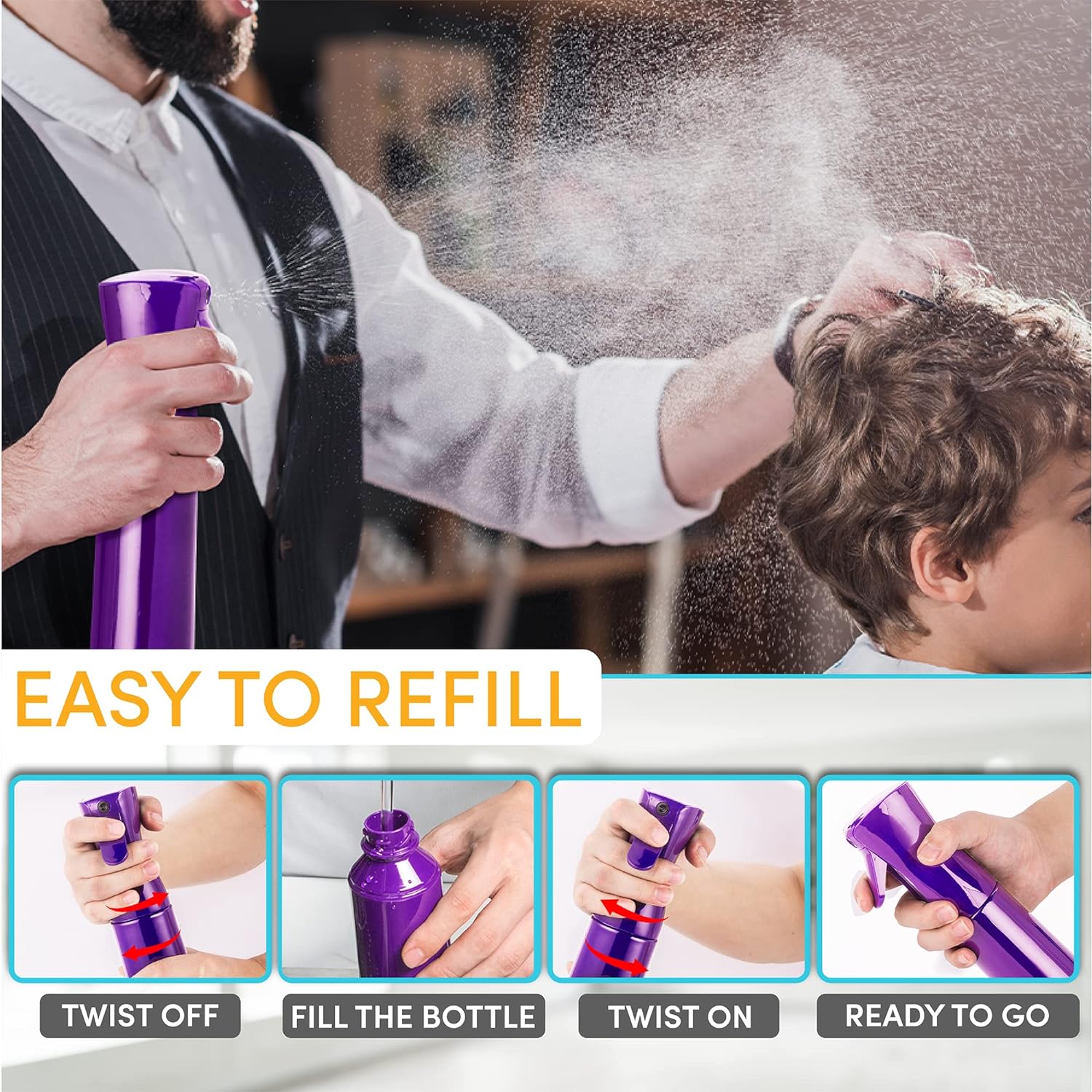 Hula Home Continuous Spray Bottle for Hair (10.1oz/300ml) Mist Empty Ultra Fine Plastic Water Sprayer – For Hairstyling, Cleaning, Salons, Plants, Essential Oil Scents  More - Black