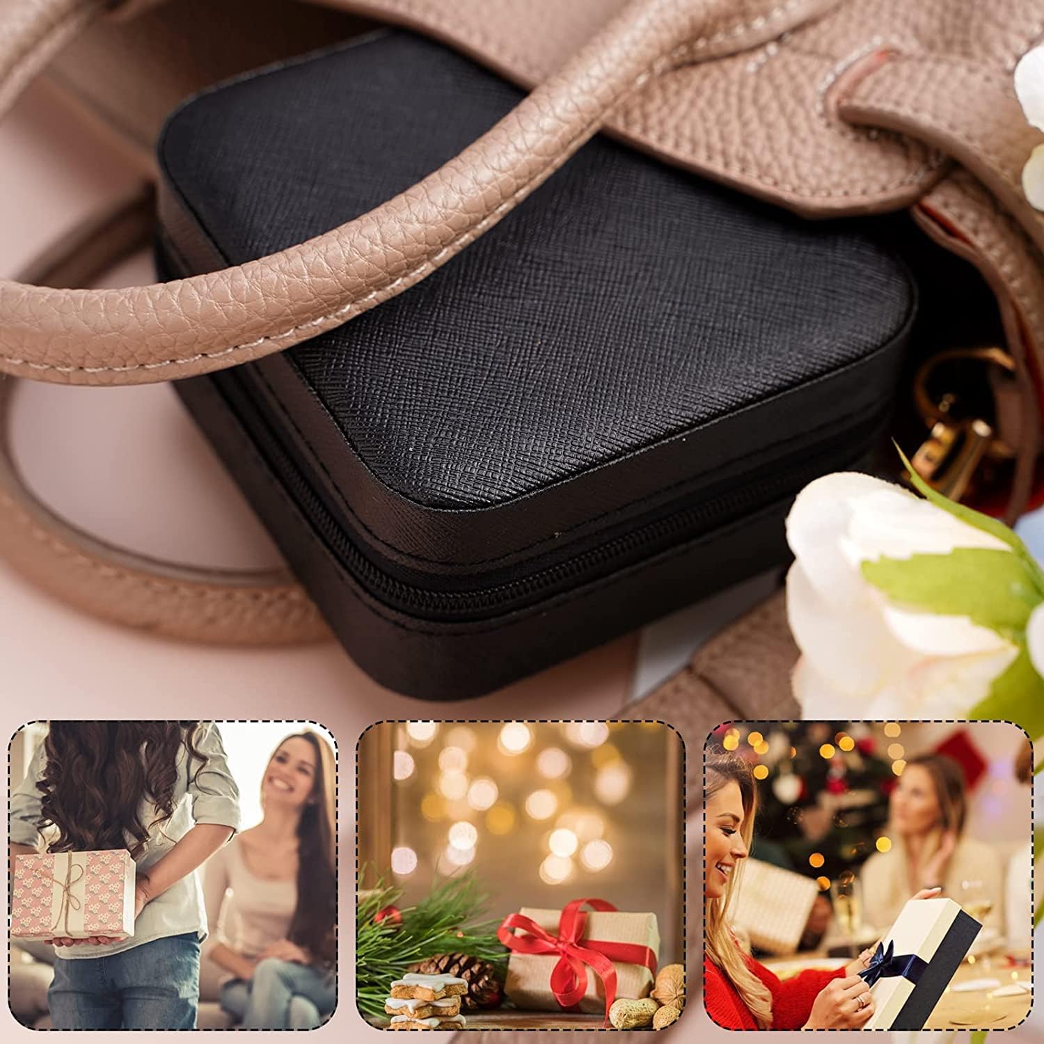 Neveika 2pcs Portable Travel Mini Jewelry Box Leather Jewellery Ring Organizer Case Storage Gift Box Girls Women (black).