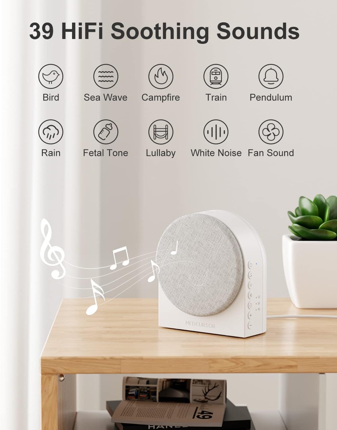 Smart White Noise Machine - Medcursor Sound Machine for Sleeping, Plug-in Noise Maker with App Control, 39 HiFi Soothing Sounds, Soft-Glow Night Light, Noise Machine for Baby  Adults, No AC Adapter