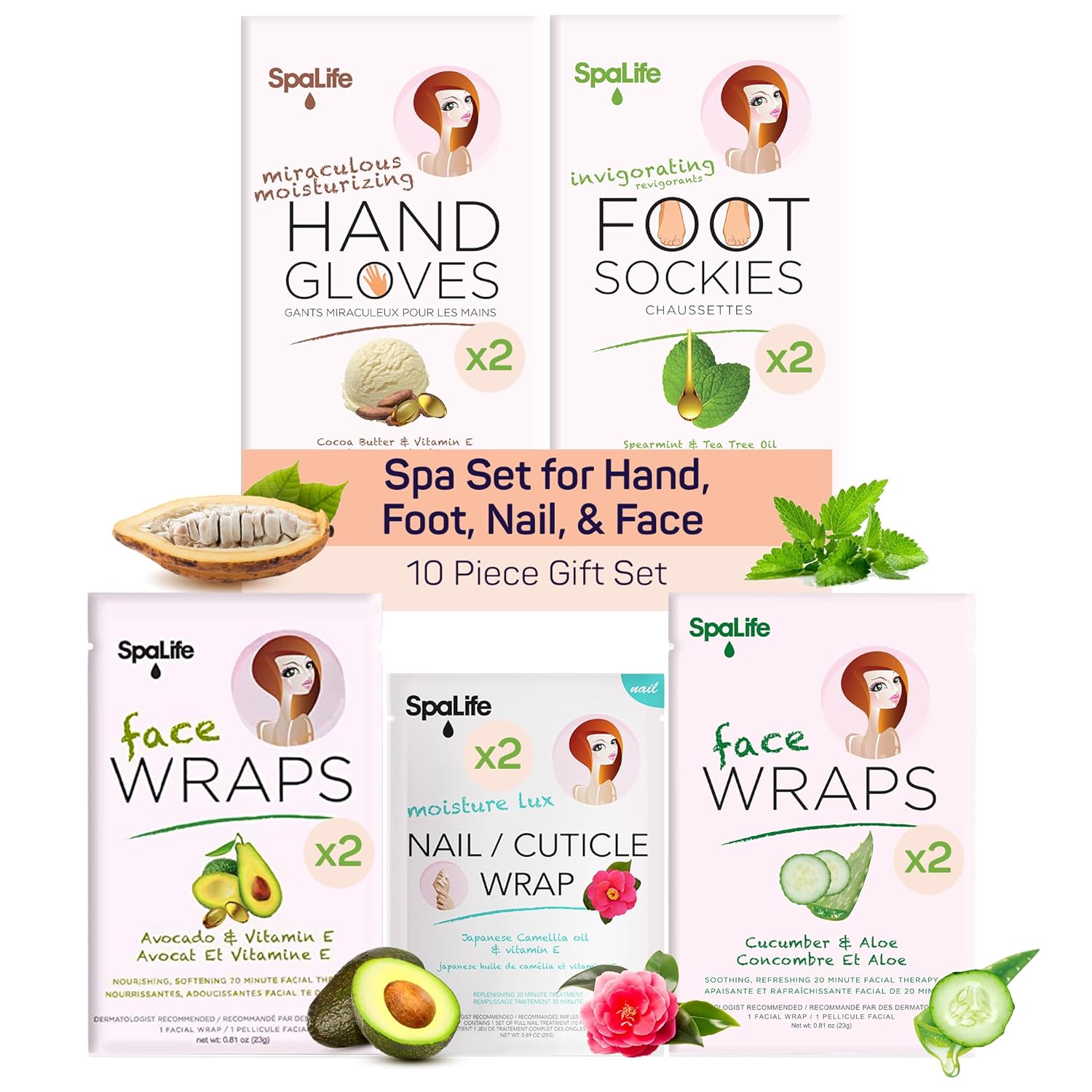 SpaLife Pink 10 Piece Spa Gift Set - Korean Skin Care Set with Travel Size Face, Hand, Foot  Nail Products - Skincare Bundle for Women