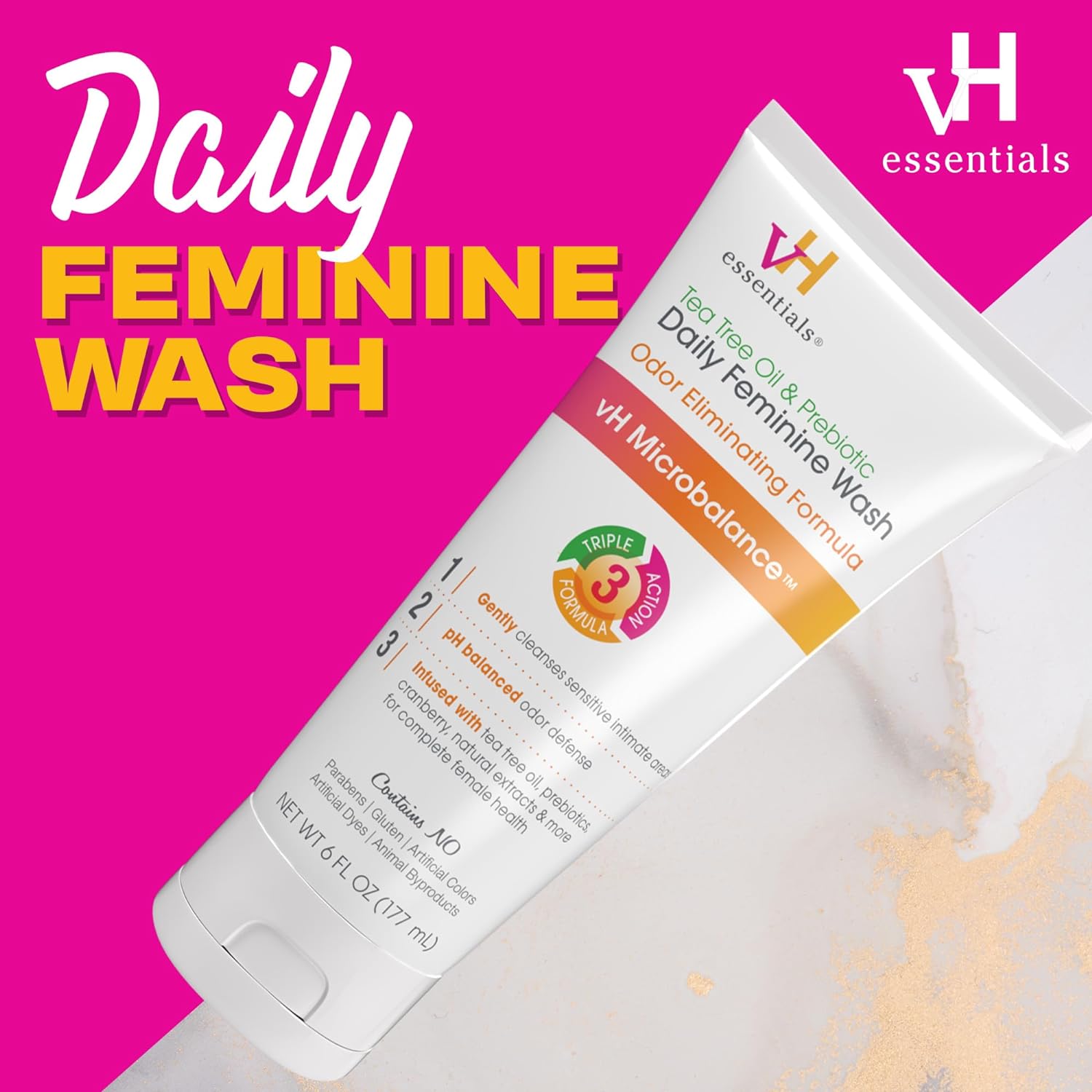vH essentials, Ph Balanced Daily Feminine Wash, Tea Tree Oil  Prebiotic, 6, Fl Oz, (Pack Of 1) 54306 Clear