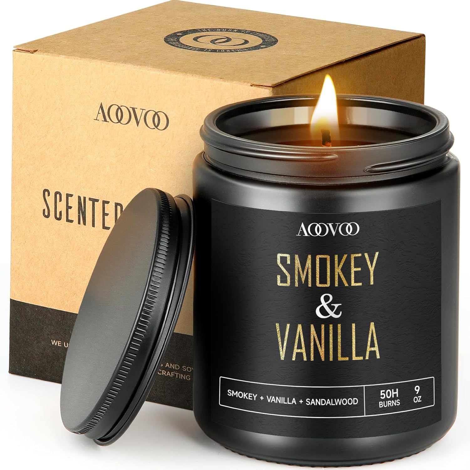 AOOVOO Scented Candles for Men - Smokey  Vanilla Scented, Tobacco Mens Candle Gift for Birthday, Christmas, Fathers Day, Black Candle for Home, Bedroom, Man Cave, 9 oz, Up to 50 Hours Burn