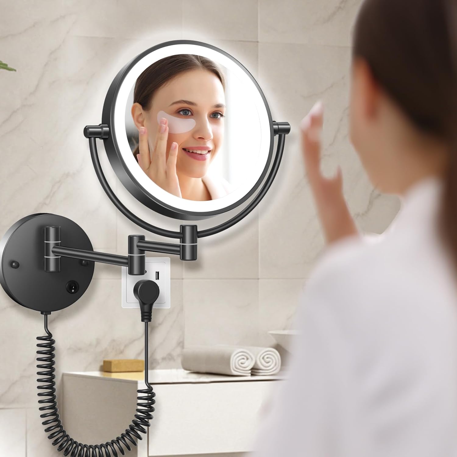 FASCINATE Upgraded Wall Mounted Makeup Mirror with Lights, Super Large Double Sided 1X/10X Magnifying Mirror for Bathroom, 360° Swivel Extendable Plug Touch Sensor Vanity Mirror (Matt Nickel)