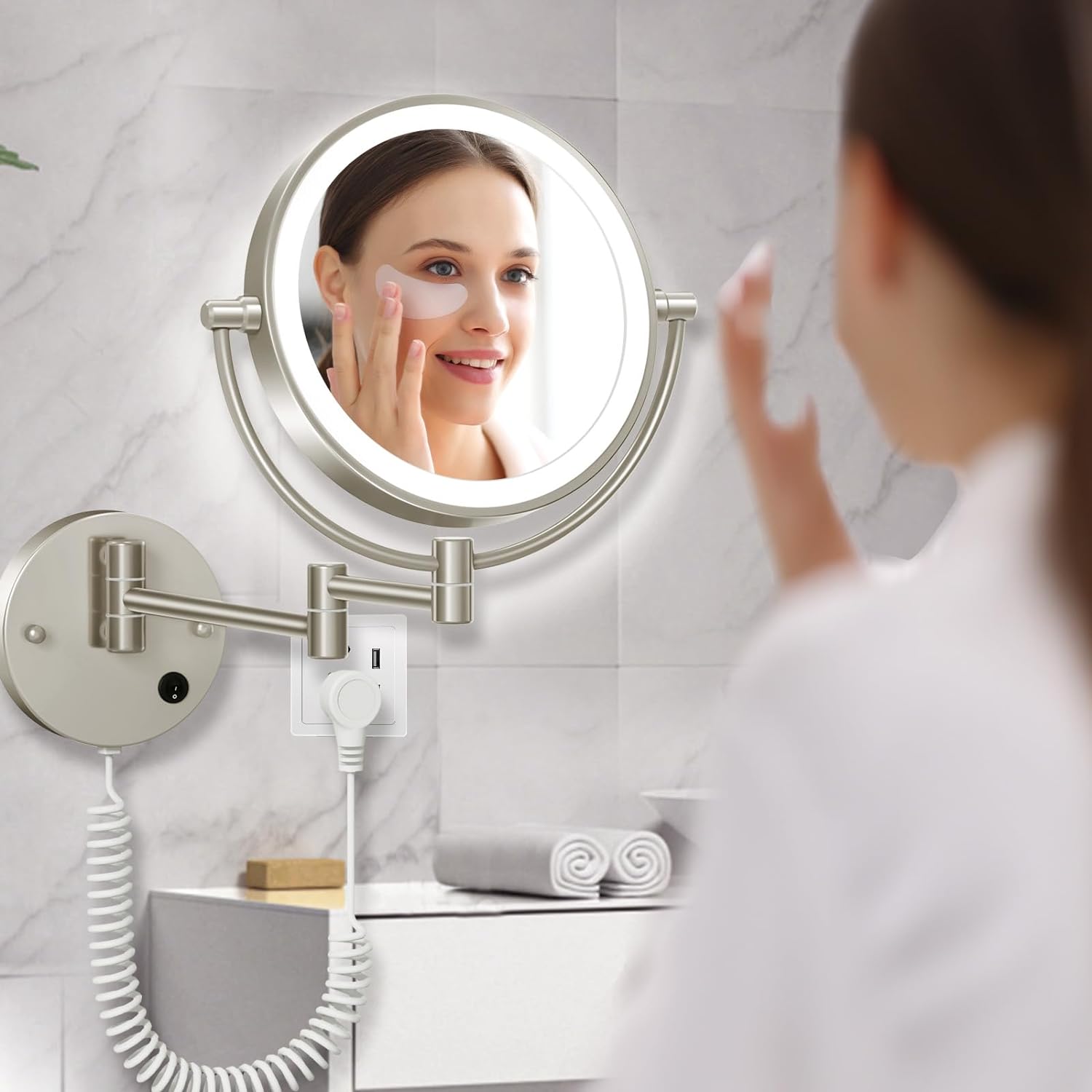 FASCINATE Upgraded Wall Mounted Makeup Mirror with Lights, Super Large Double Sided 1X/10X Magnifying Mirror for Bathroom, 360° Swivel Extendable Plug Touch Sensor Vanity Mirror (Matt Nickel)