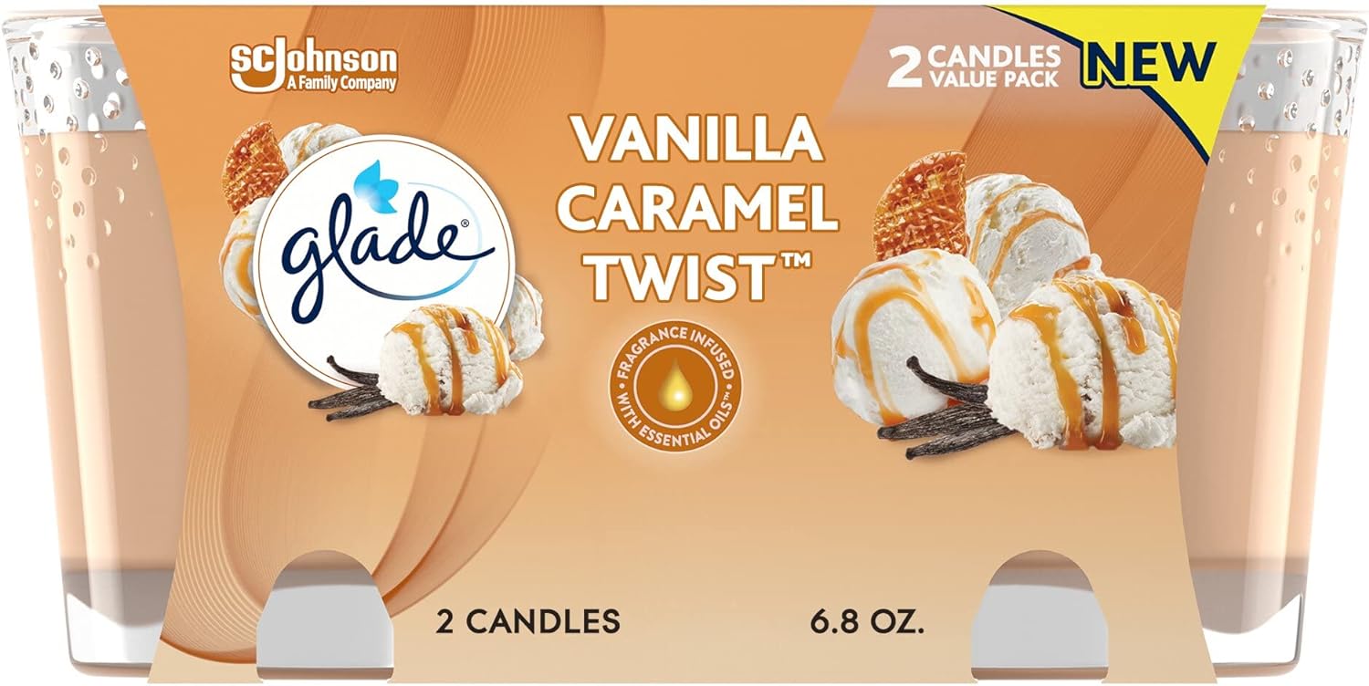 Glade Candle Jar, Air Freshener, Vanilla Caramel Twist, 3.4 oz, 2 Count