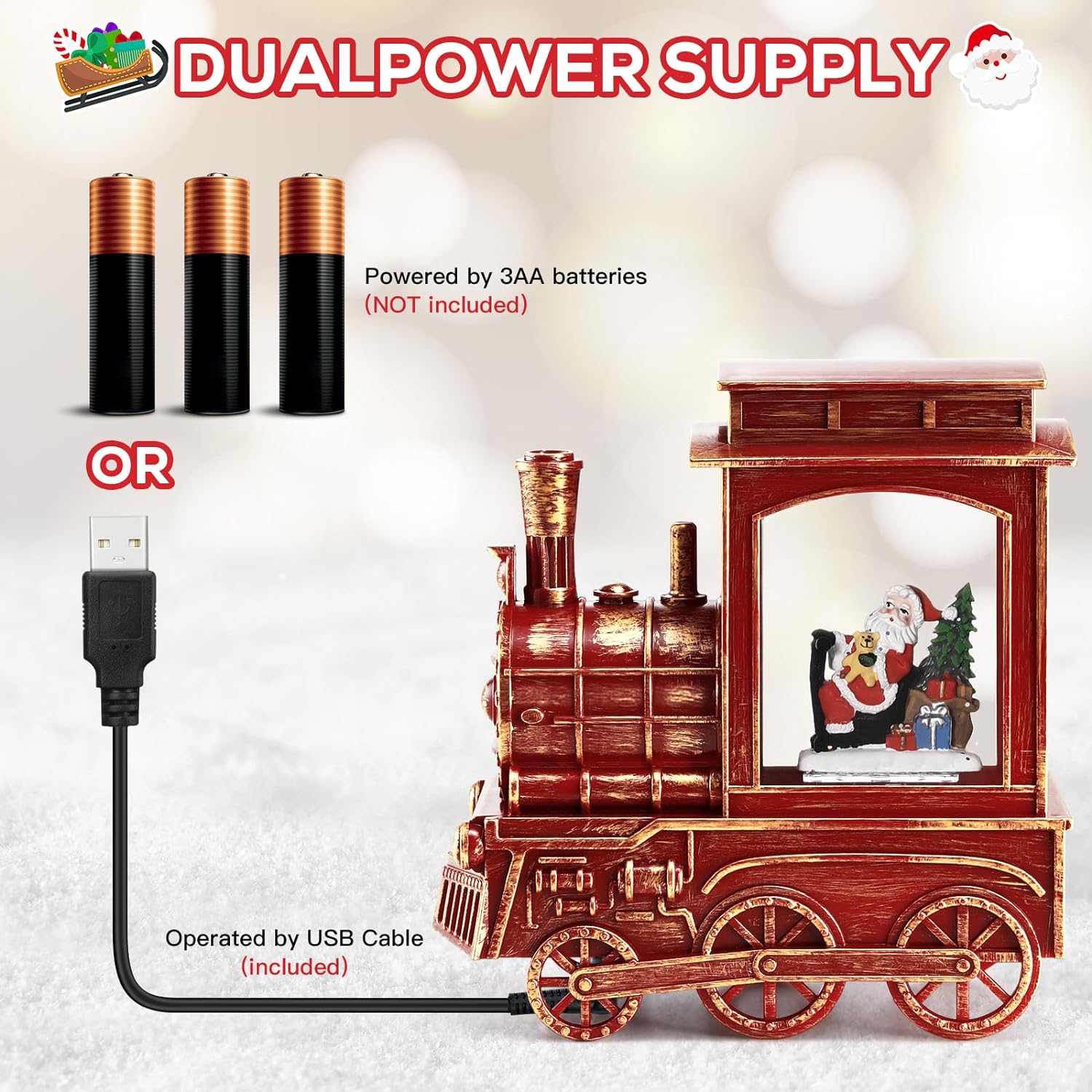 IPOW Christmas Santa Globe Lantern Train with Water Swirling Glitter, Musical and Lighted 6 Hours Timer USB Powered  Battery Operated Music Box for Christmas Home Decoration Gift
