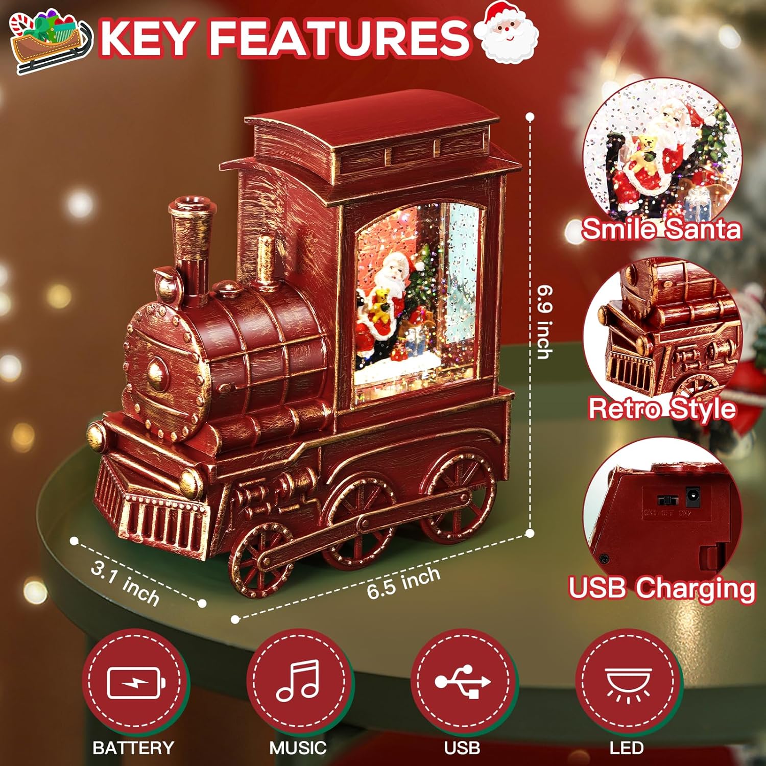 IPOW Christmas Santa Globe Lantern Train with Water Swirling Glitter, Musical and Lighted 6 Hours Timer USB Powered  Battery Operated Music Box for Christmas Home Decoration Gift