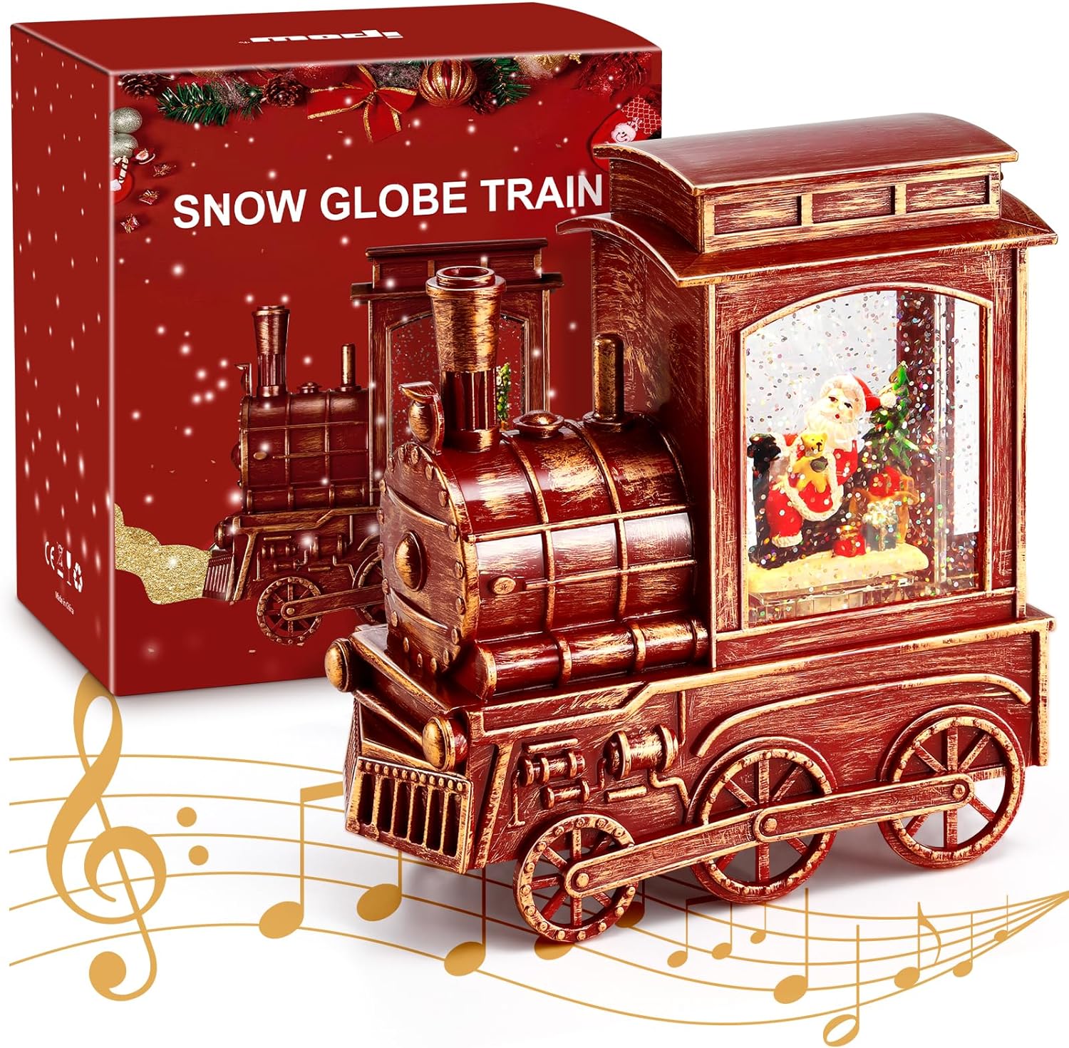 IPOW Christmas Santa Globe Lantern Train with Water Swirling Glitter, Musical and Lighted 6 Hours Timer USB Powered  Battery Operated Music Box for Christmas Home Decoration Gift