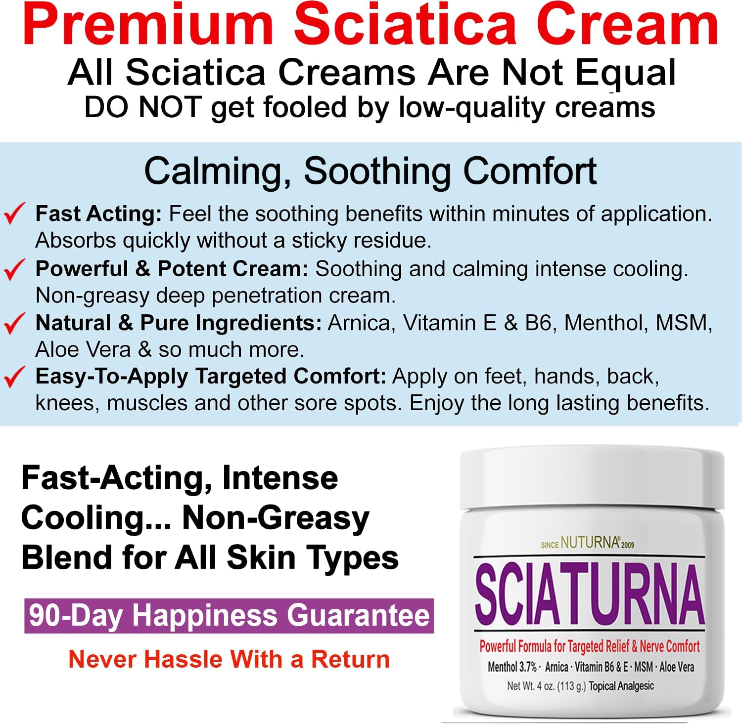 Sciatica Nerve Cream - Maximum Strength Comfort Cream for Feet, Hands, Legs, Toes, Back - Natural Ultra Strength Arnica, MSM, Menthol, Soothing Comfort, Large 8 Oz