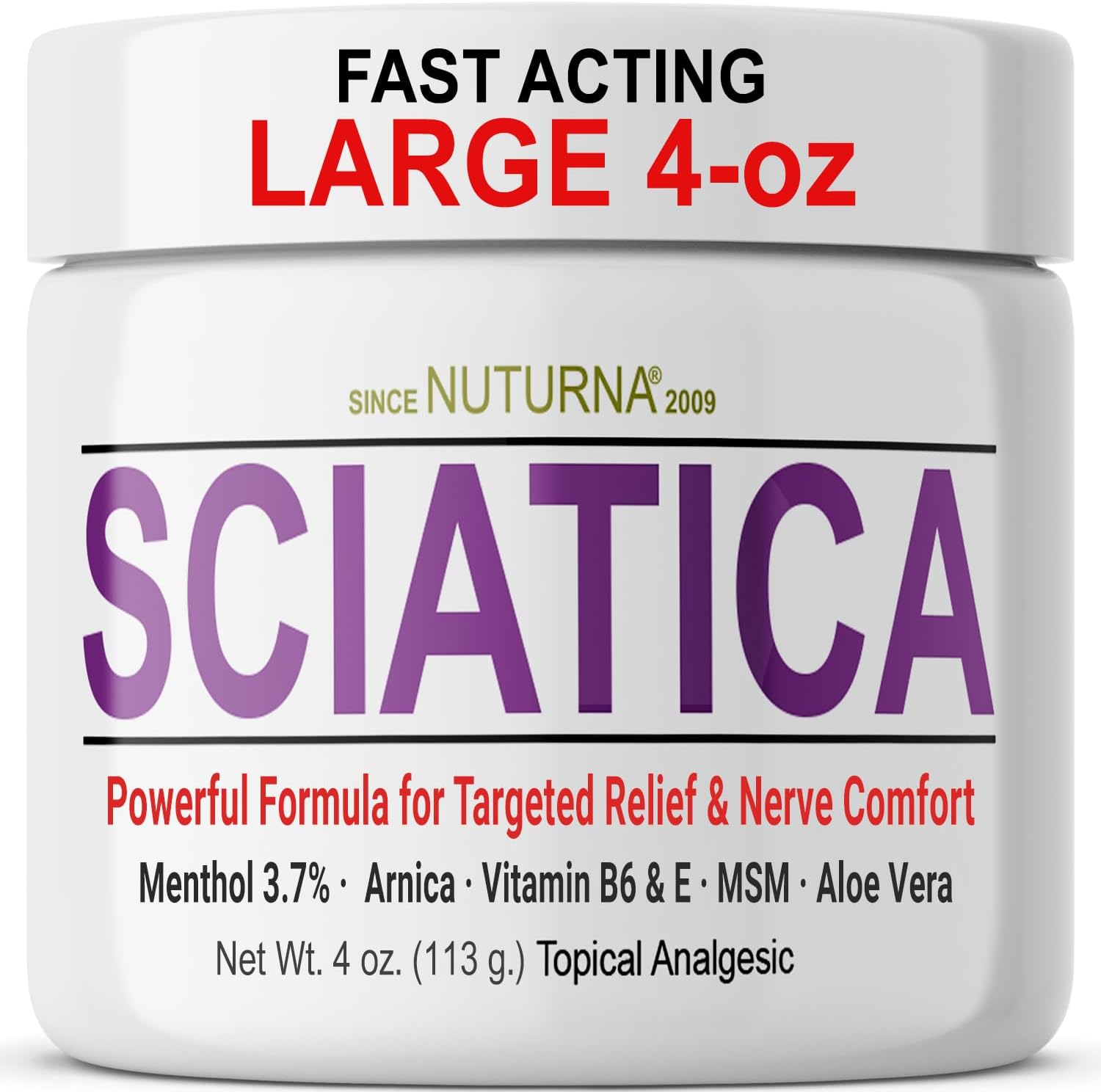 Sciatica Nerve Cream - Maximum Strength Comfort Cream for Feet, Hands, Legs, Toes, Back - Natural Ultra Strength Arnica, MSM, Menthol, Soothing Comfort, Large 8 Oz