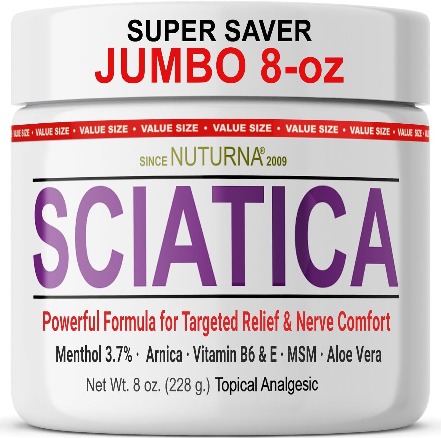 Sciatica Nerve Cream - Maximum Strength Comfort Cream for Feet, Hands, Legs, Toes, Back - Natural Ultra Strength Arnica, MSM, Menthol, Soothing Comfort, Large 8 Oz