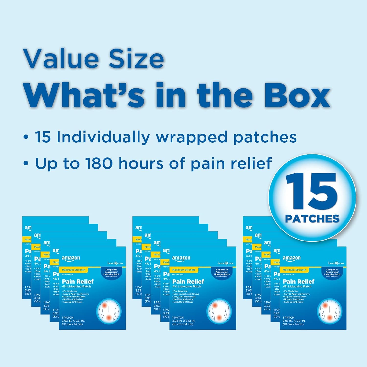 Amazon Basic Care Maximum Strength OTC Pain Relief , 4% Lidocaine Patch, 3.9” x 5.5”, 15-Count Box (Previously HealthWise)